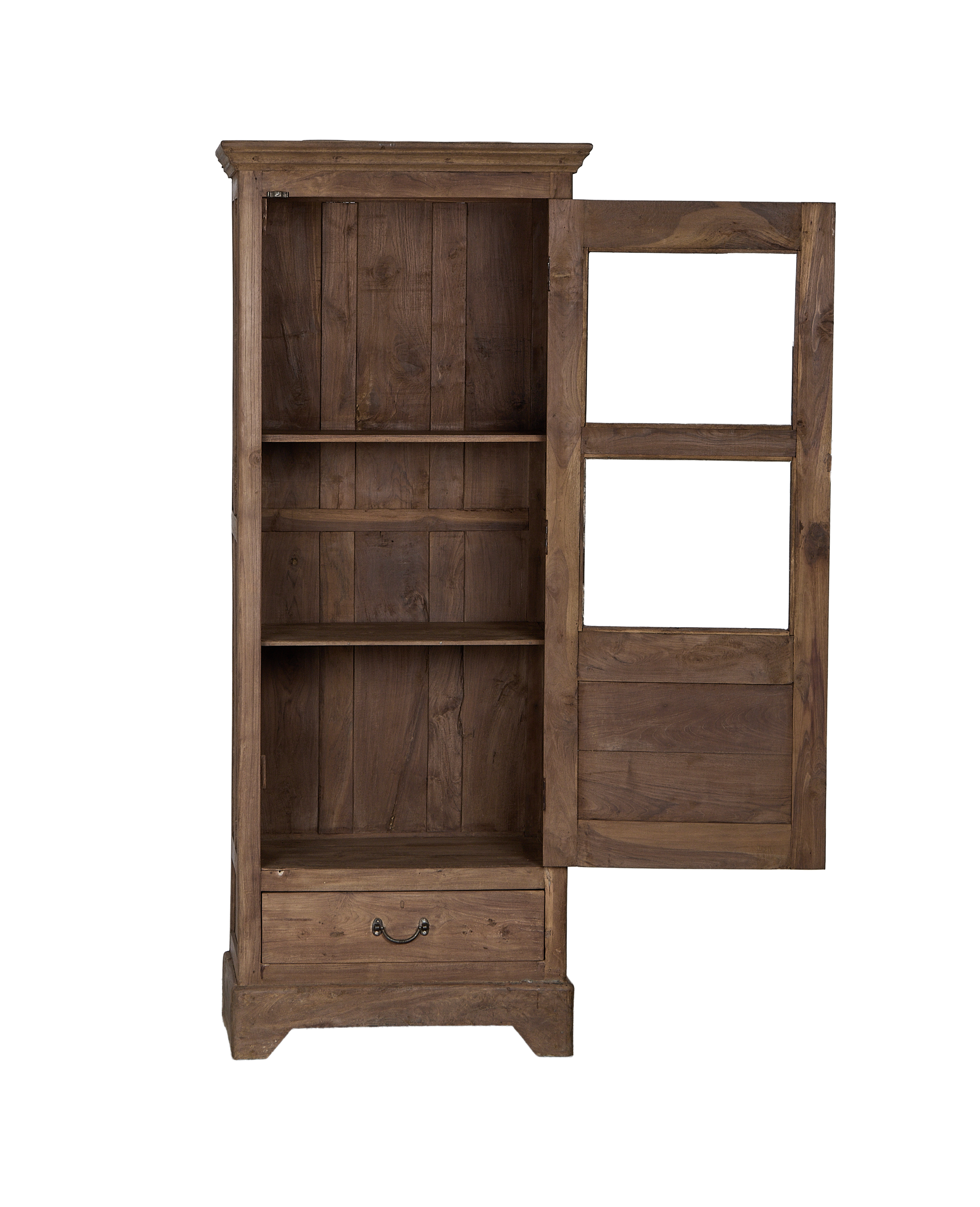 Vintage Indian oak wood cabinet, open door revealing shelves, and small drawer.
