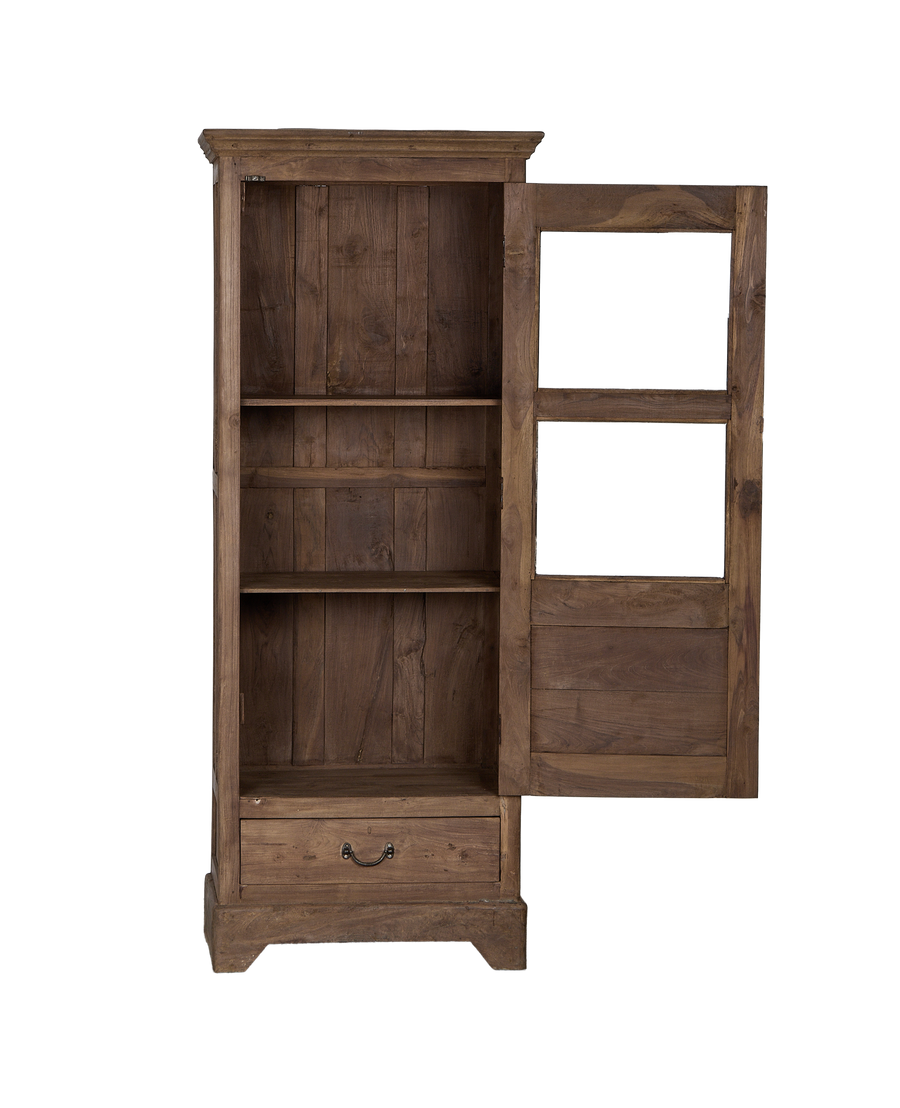 Vintage Indian oak wood cabinet, open door revealing shelves, and small drawer.
