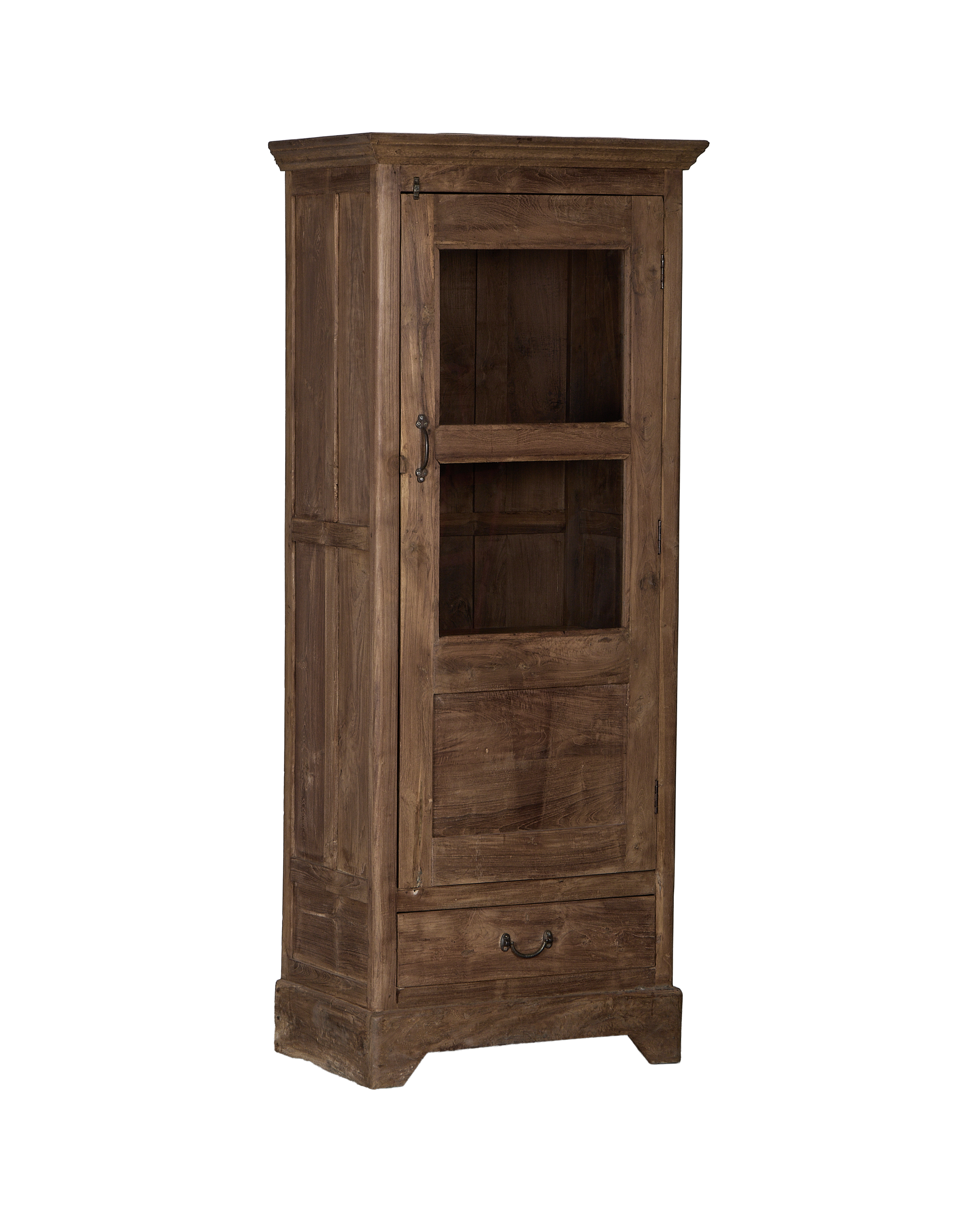 Vintage Indian oak cabinet, full front view, distressed natural wood finish, glass door.