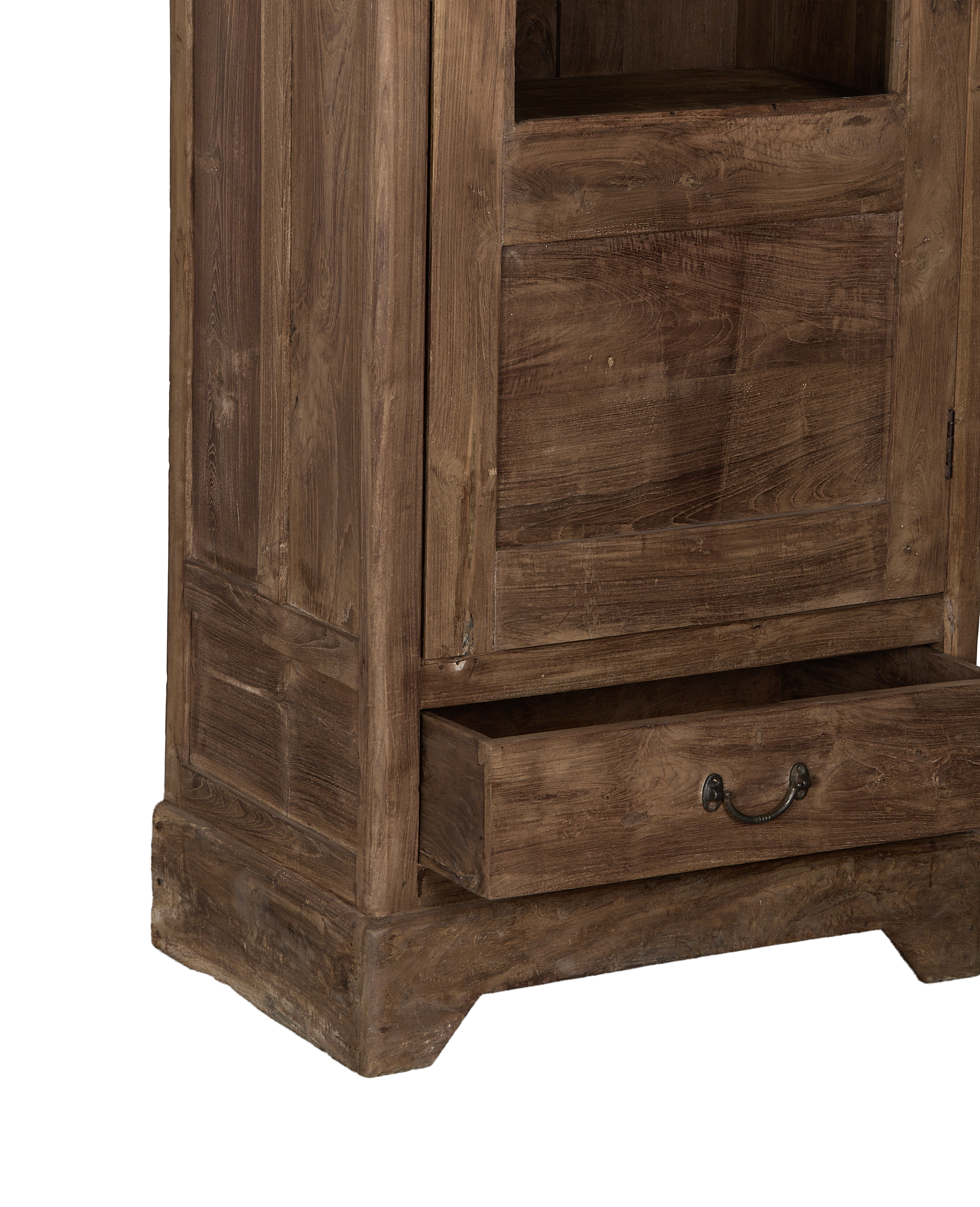 Vintage Indian oak cabinet featuring open drawer with ornate metal pull, showing wood grain.