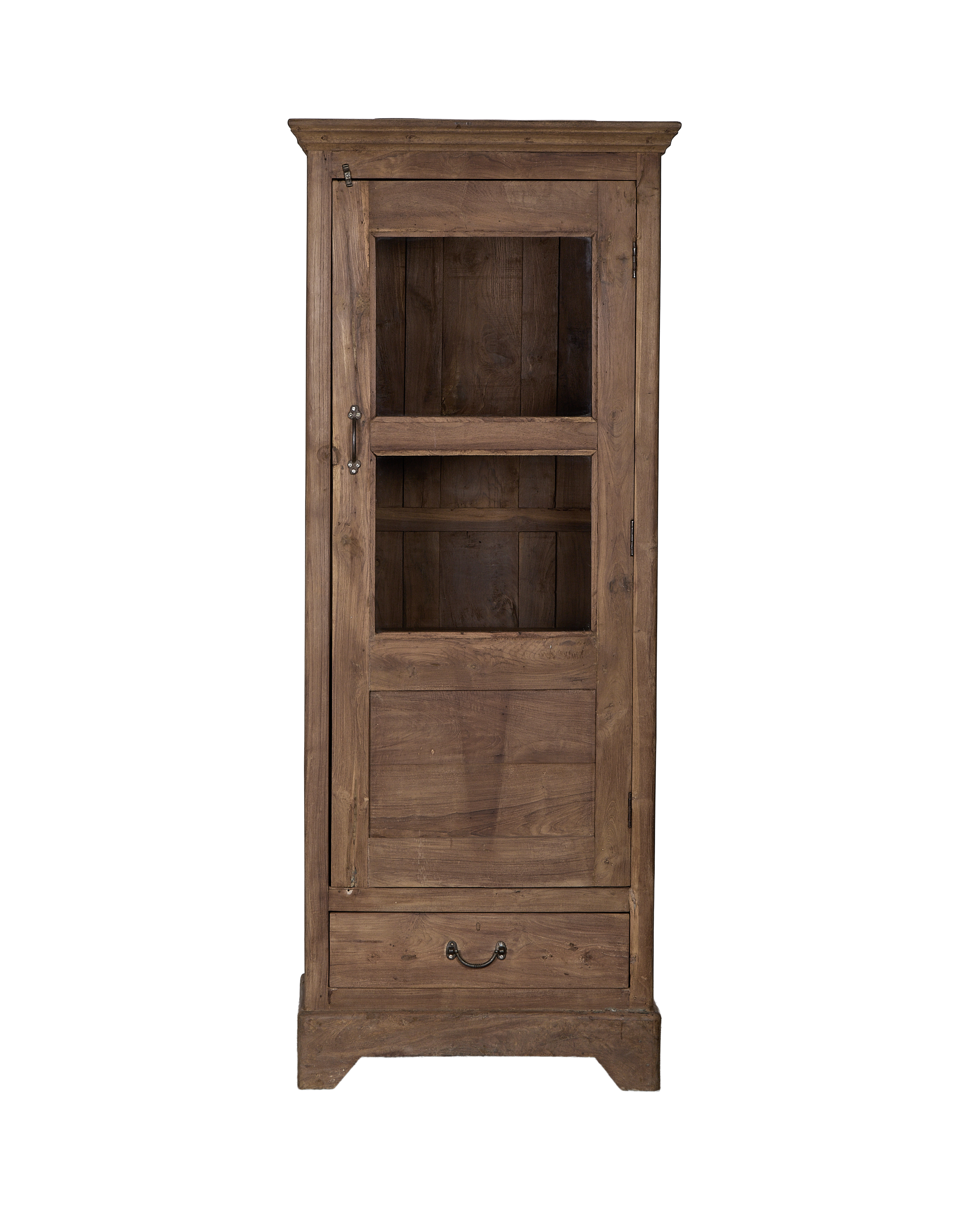 Vintage Indian oak wood cabinet with glass door, drawer, and weathered natural finish.