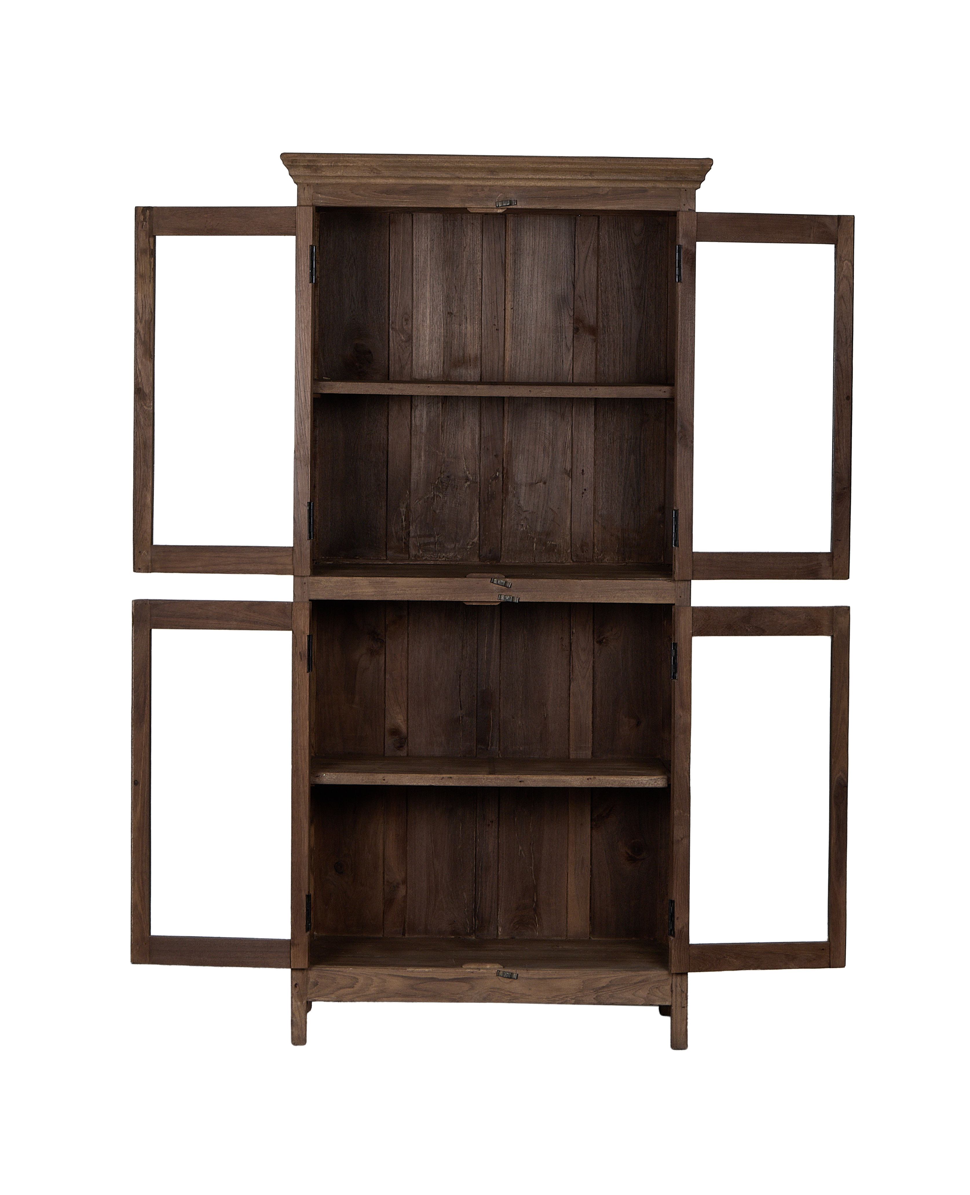 Vintage Indian oak wood cabinet, open doors revealing interior shelves.