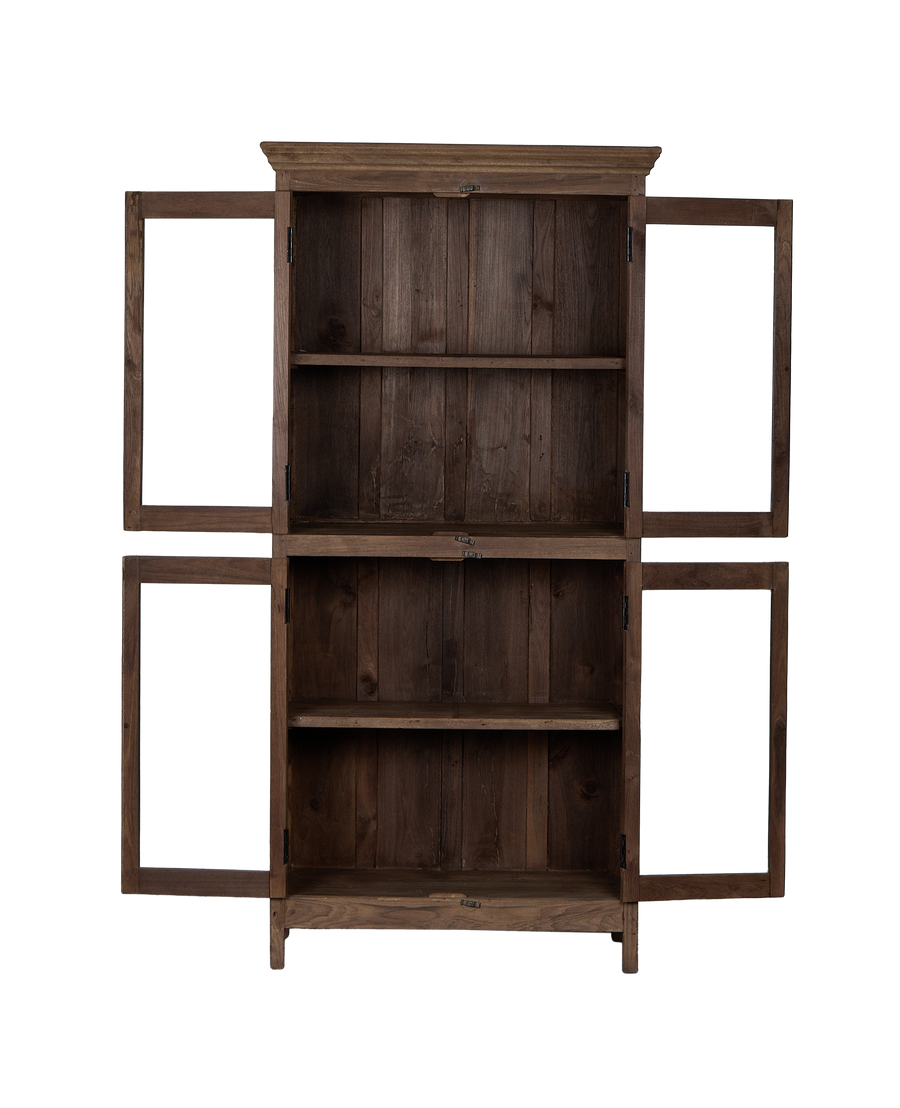 Vintage Indian oak wood cabinet, open doors revealing interior shelves.