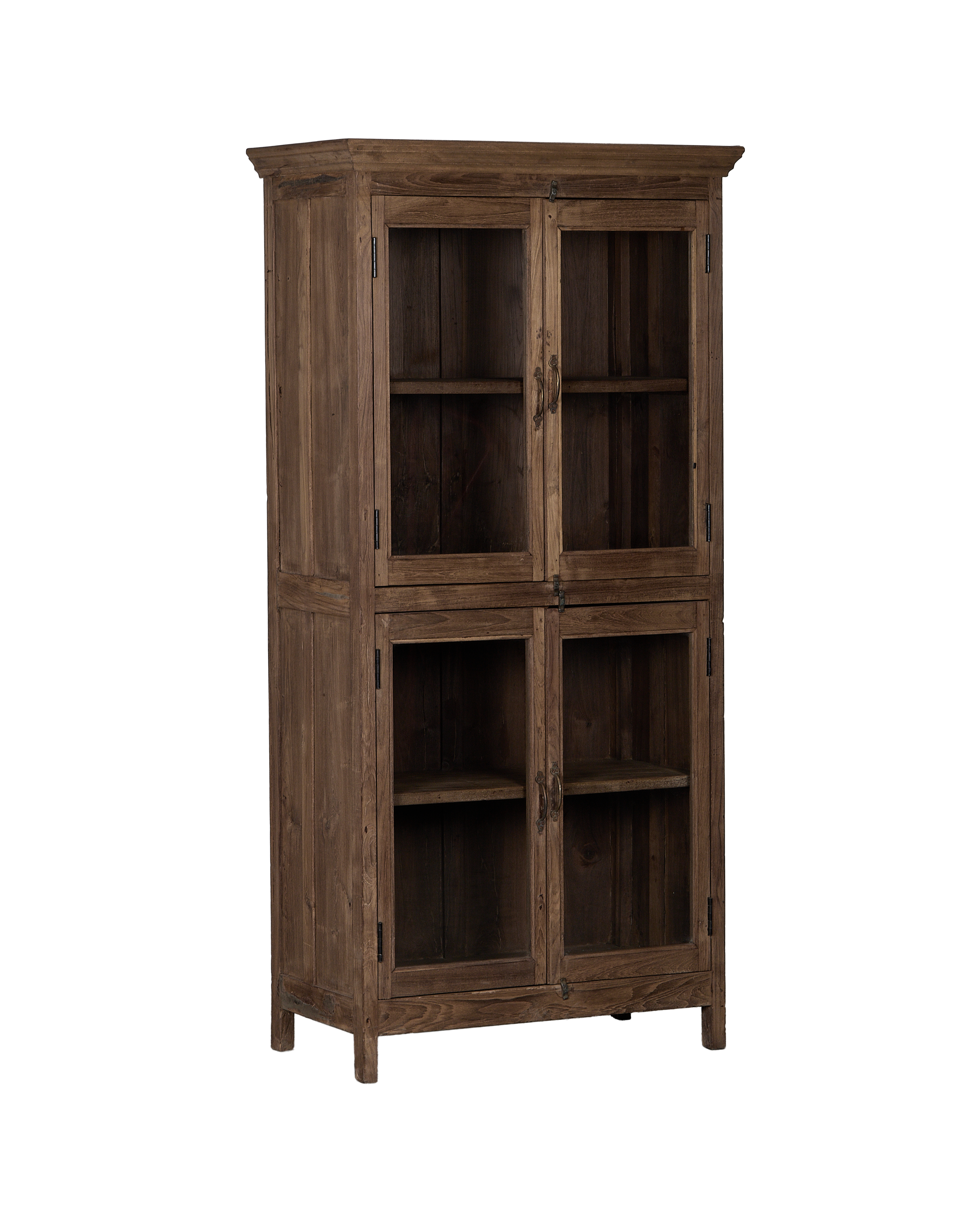 Vintage Indian oak cabinet, full frontal view, displaying four glass-paned doors and dark natural wood.
