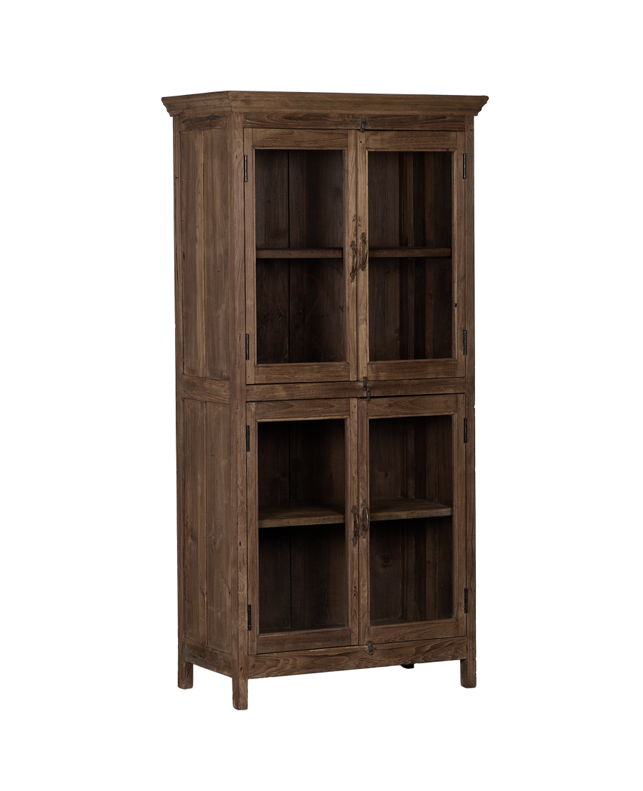Vintage Indian oak cabinet, full frontal view, displaying four glass-paned doors and dark natural wood.