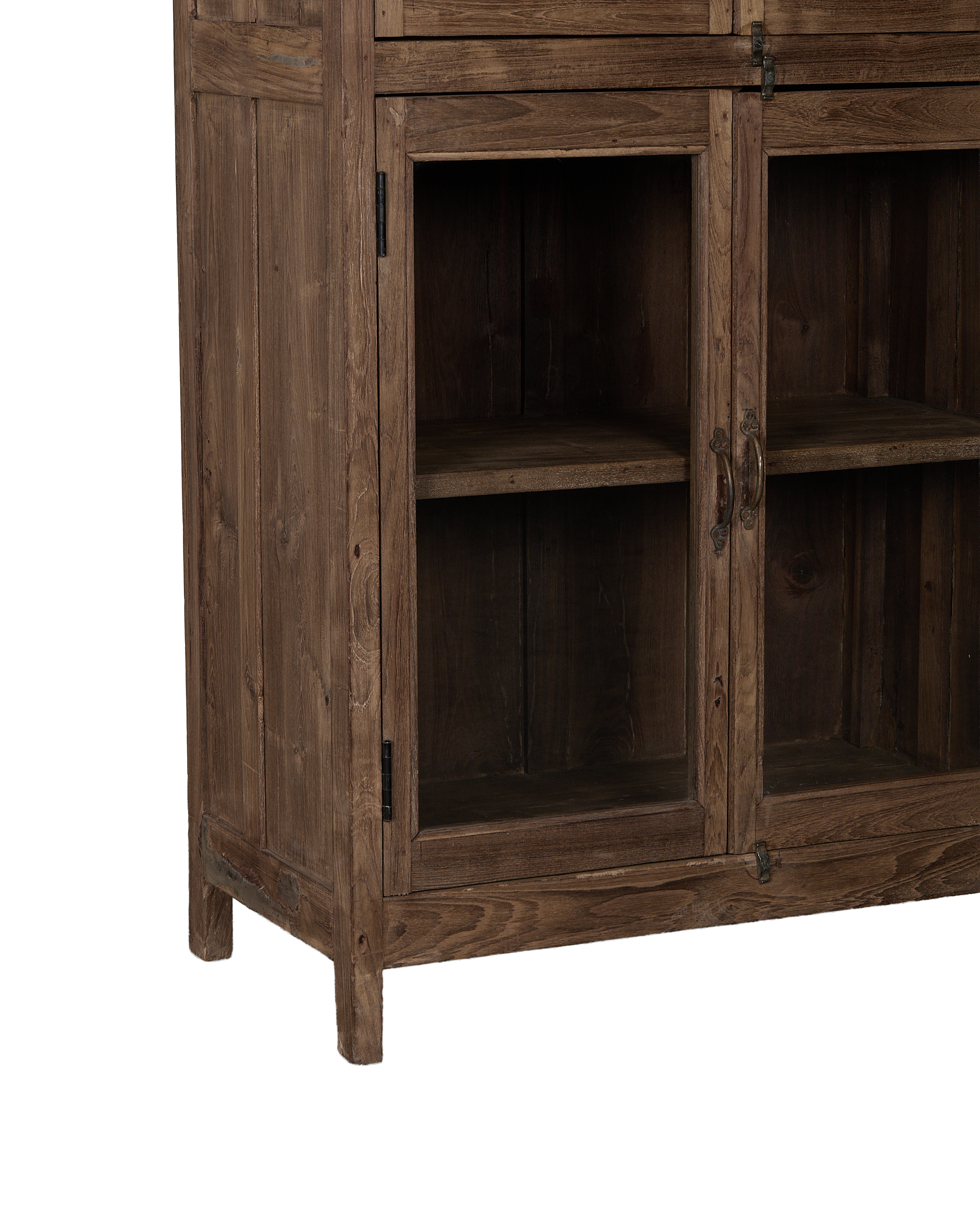 Vintage Indian oak cabinet details: weathered natural wood, glass doors, and two interior shelves visible.