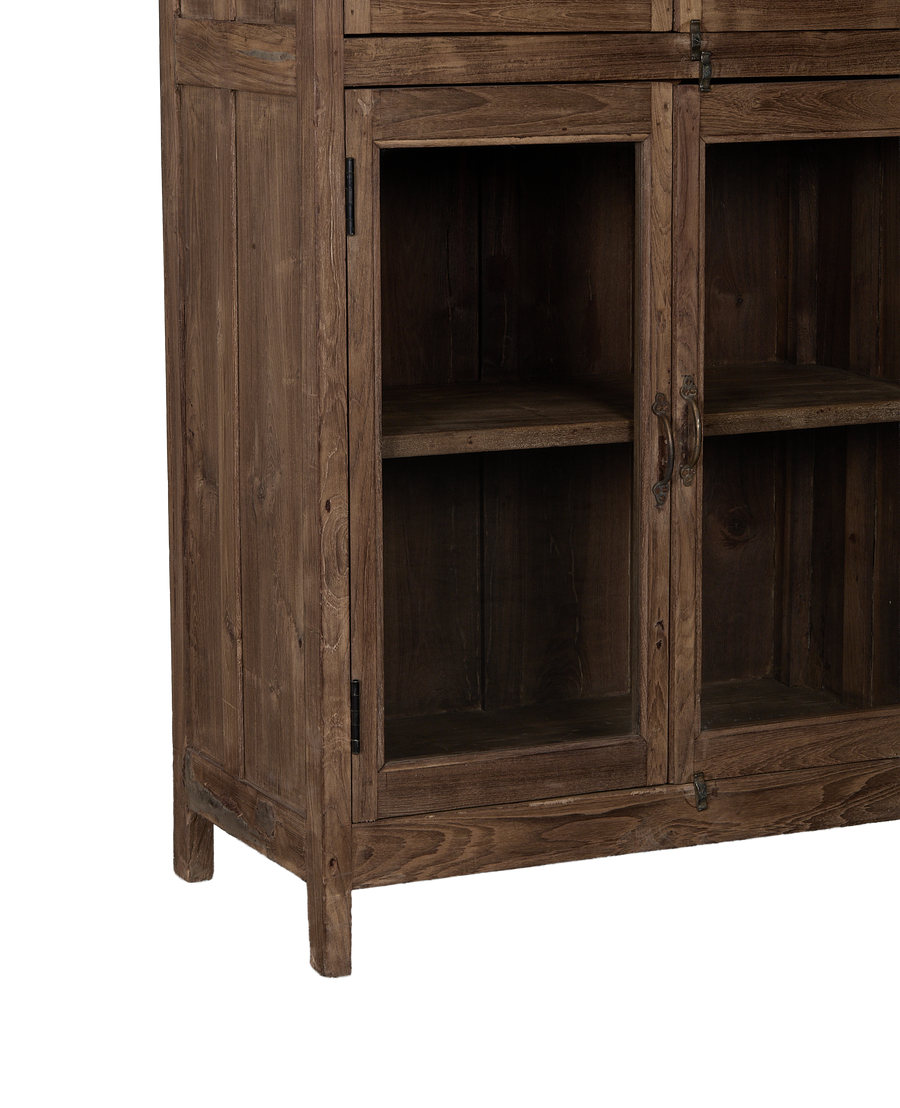 Vintage Indian oak cabinet details: weathered natural wood, glass doors, and two interior shelves visible.