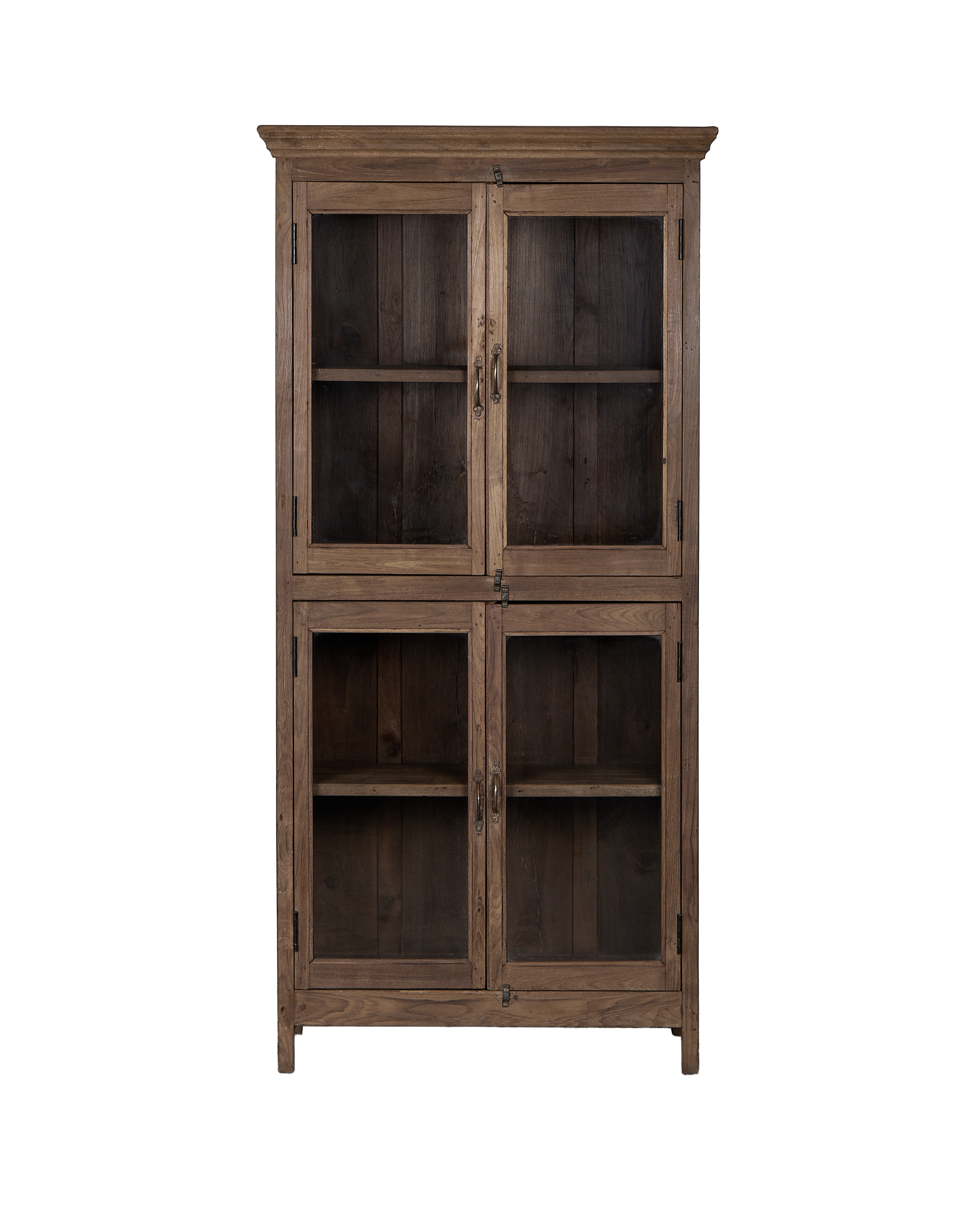 Vintage oak wood cabinet from India, natural finish, featuring four glass doors and shelves.