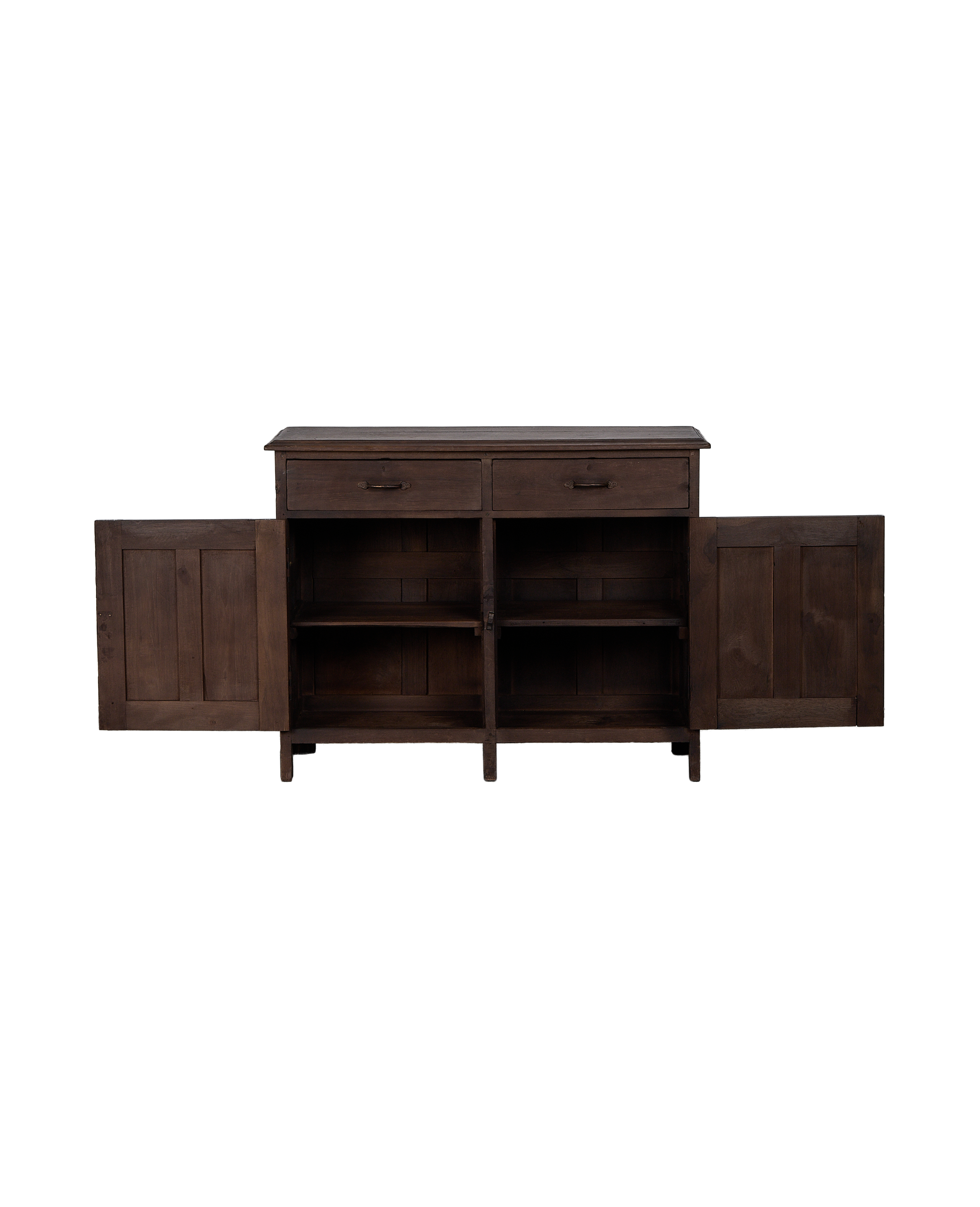Vintage Indian oak sideboard with two drawers and open cabinet doors revealing shelving.