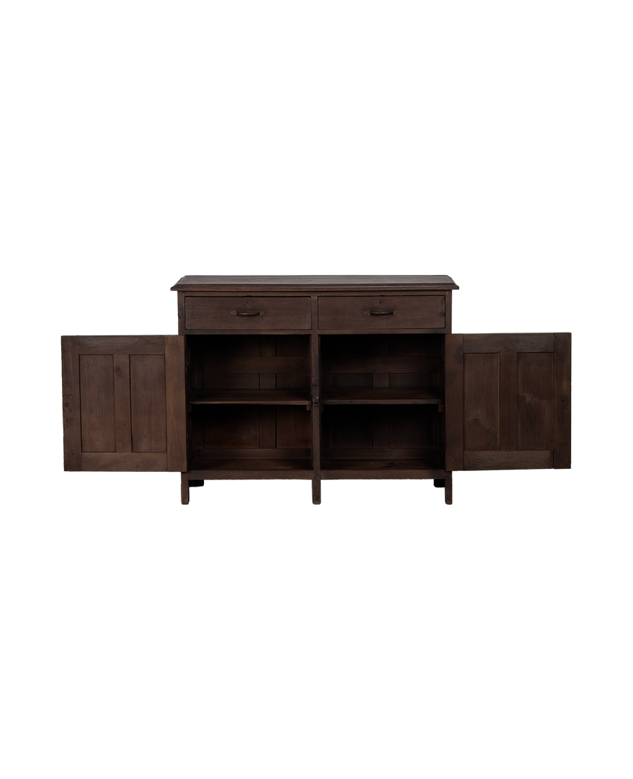 Vintage Indian oak sideboard with two drawers and open cabinet doors revealing shelving.