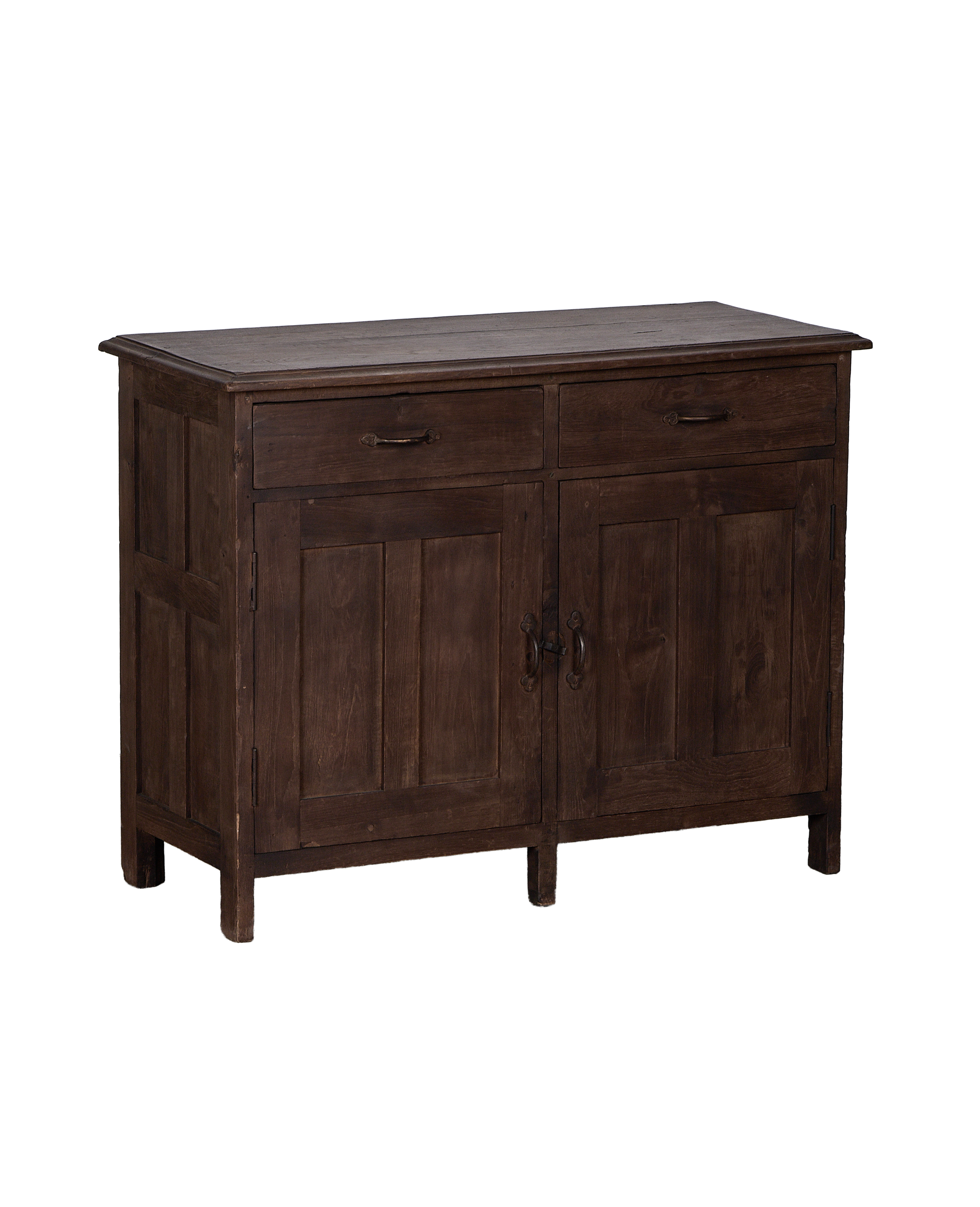 Vintage Indian oak sideboard, showing front and left side, with visible top surface and drawers.