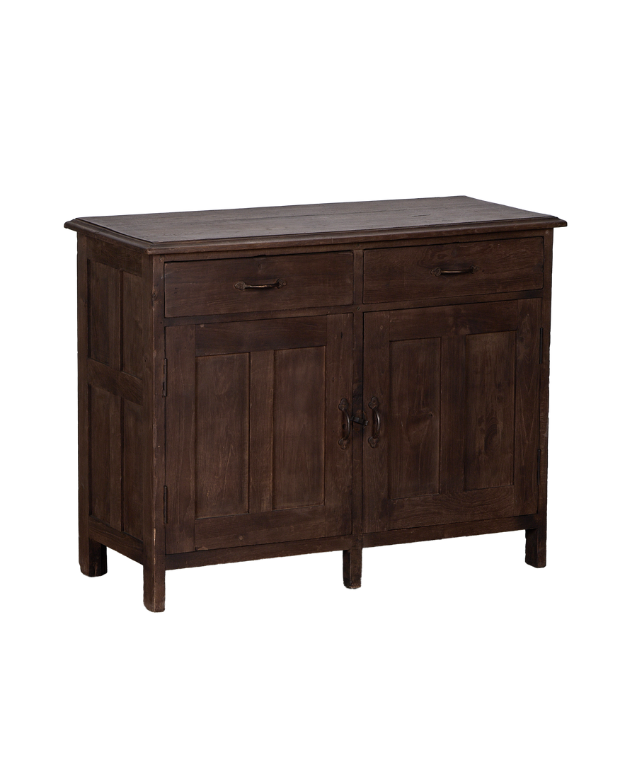 Vintage Indian oak sideboard, showing front and left side, with visible top surface and drawers.