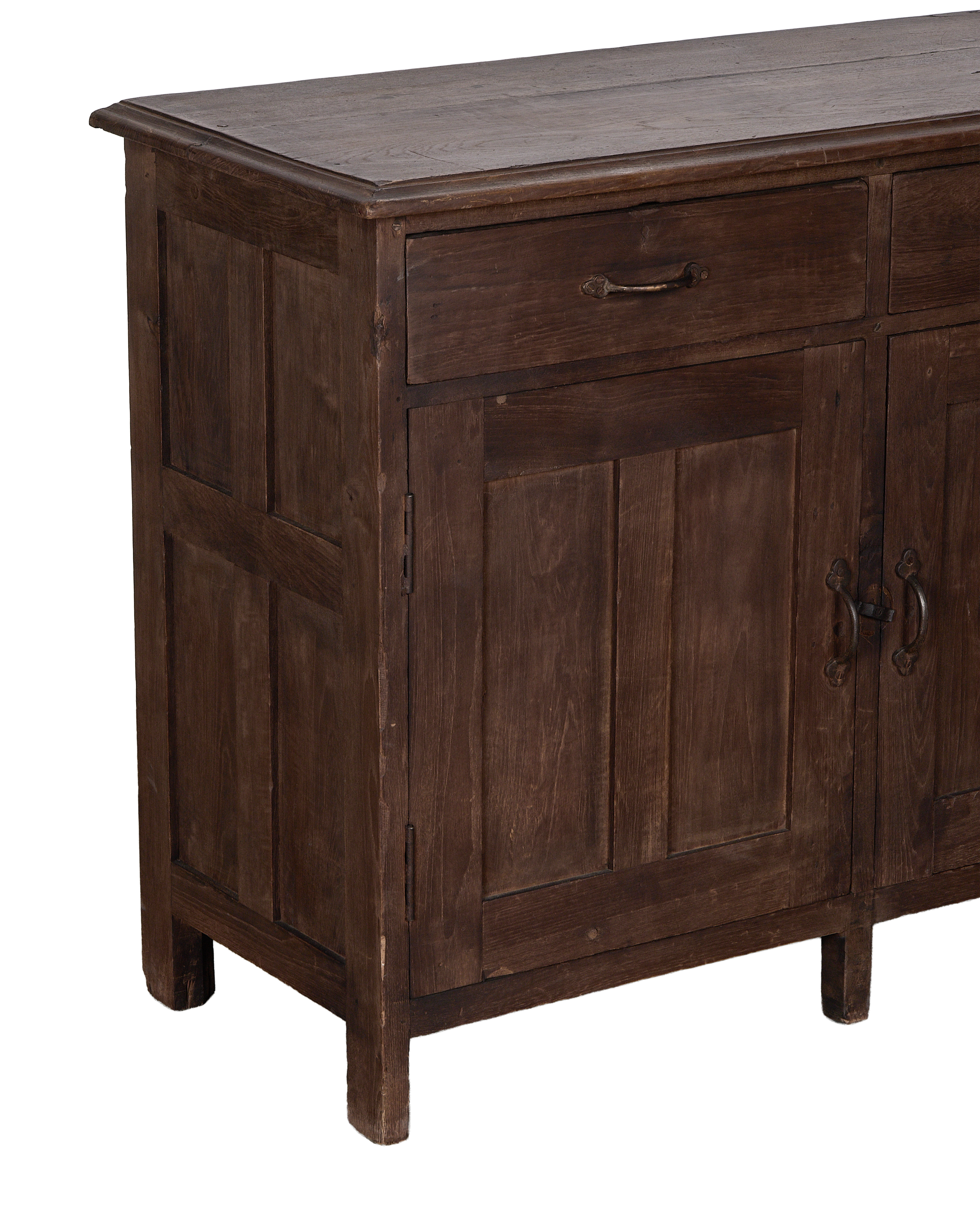 Vintage Indian oak sideboard, showing wooden drawer and paneled cabinet doors with rustic metal pull handles.