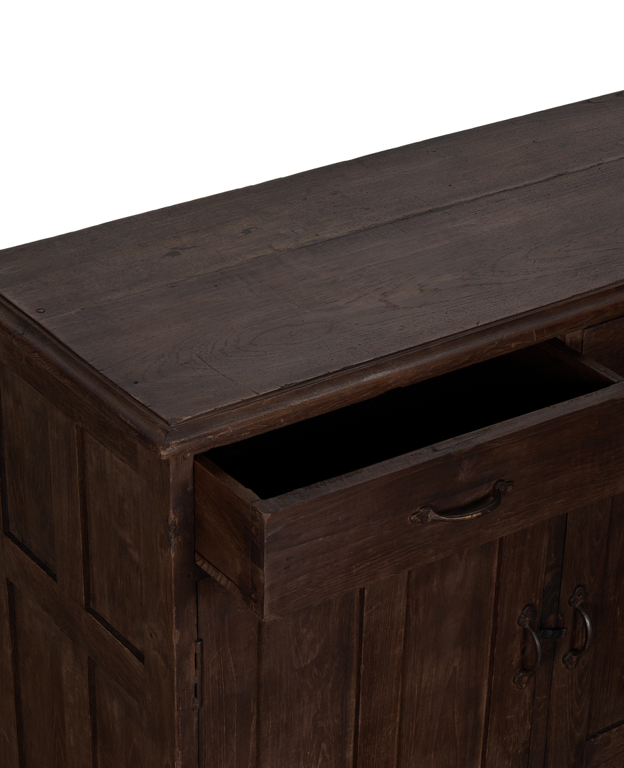 Vintage oak sideboard, open top drawer with dark interior storage, natural wood.
