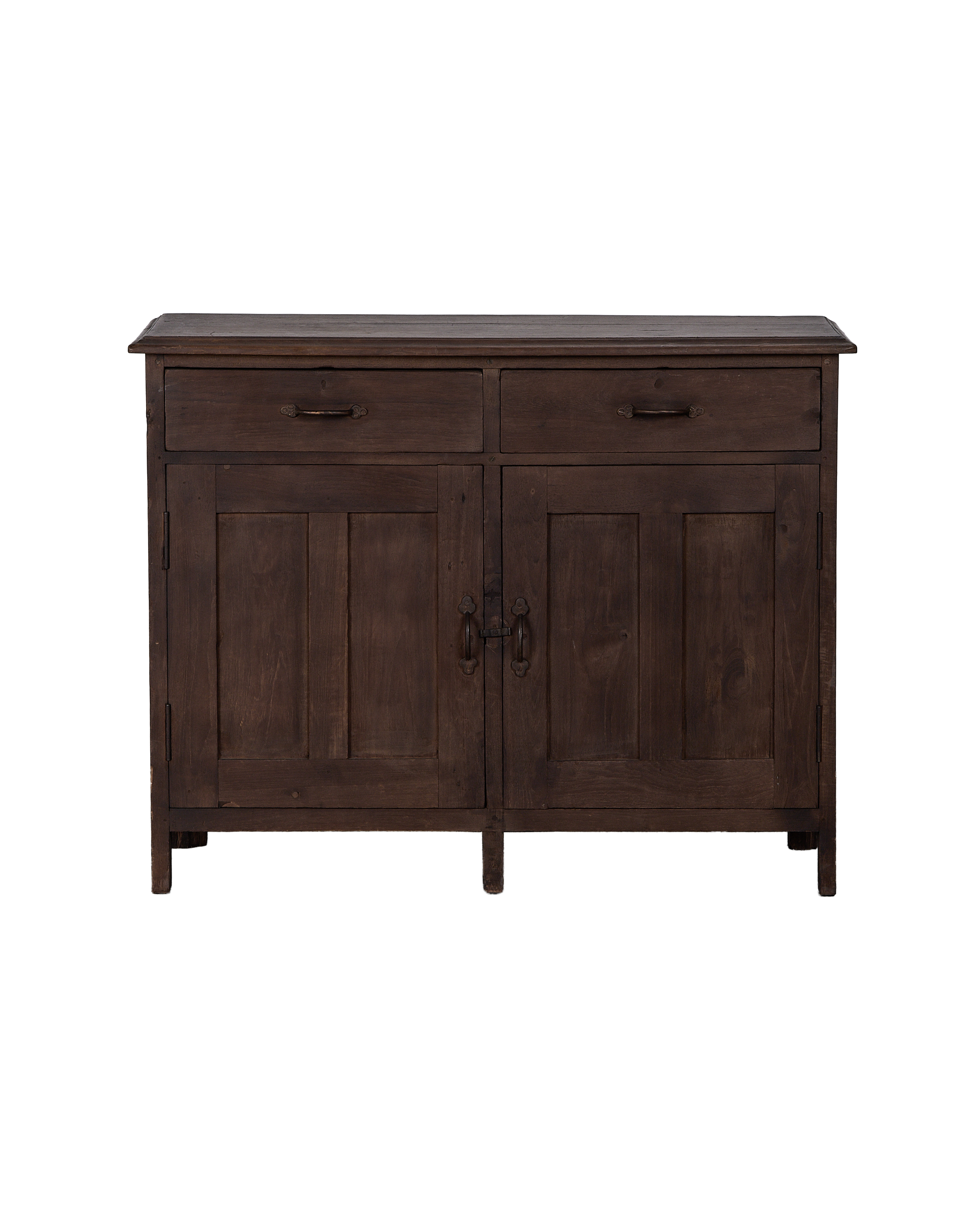 Vintage oak sideboard, natural finish, two drawers, two cabinet doors with antique latches.
