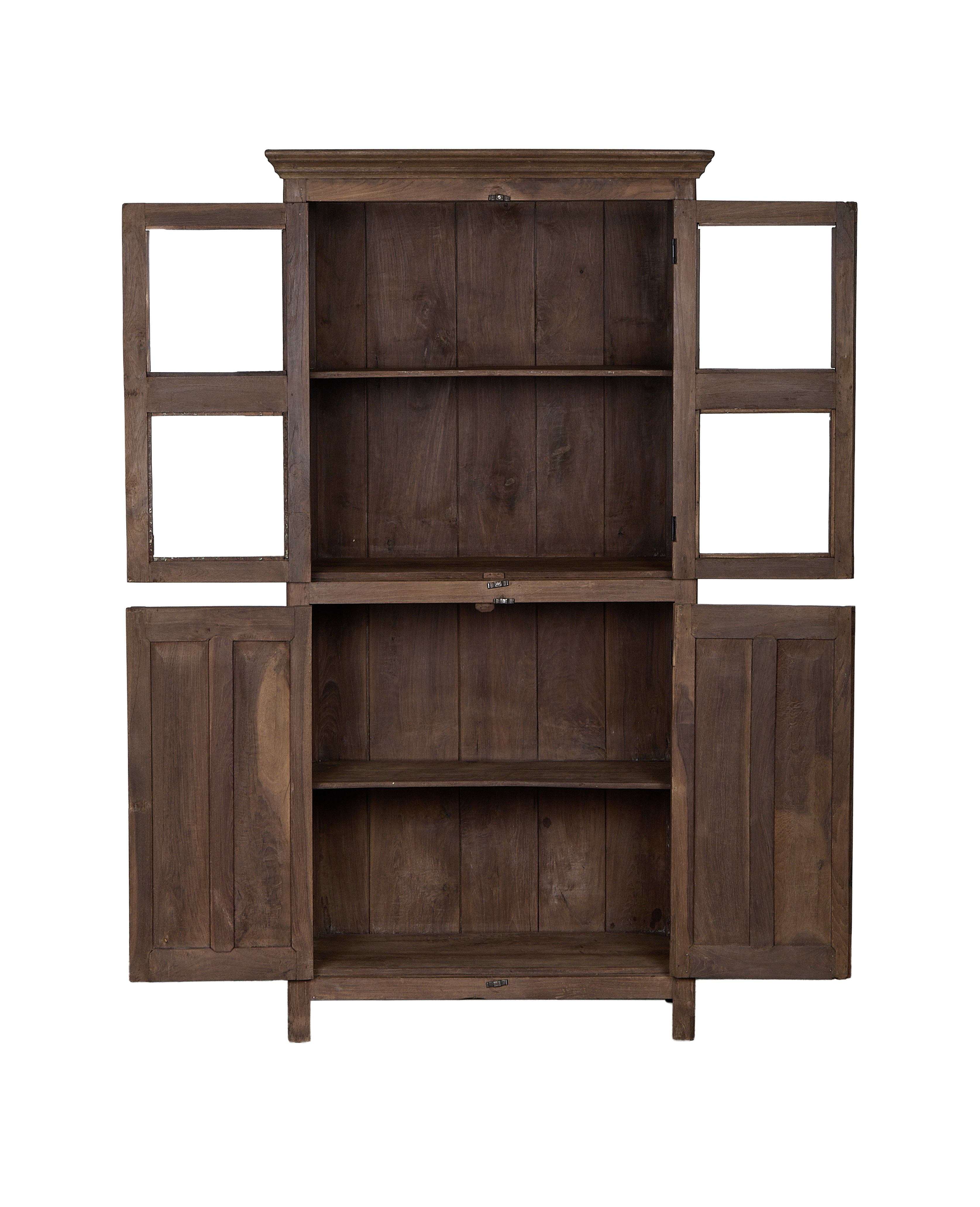 Open vintage Indian oak wood cabinet, rustic finish, showing four interior shelves.