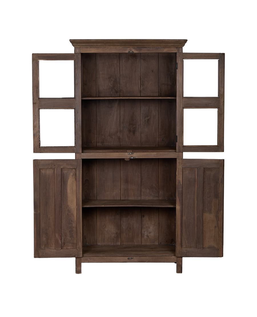 Open vintage Indian oak wood cabinet, rustic finish, showing four interior shelves.
