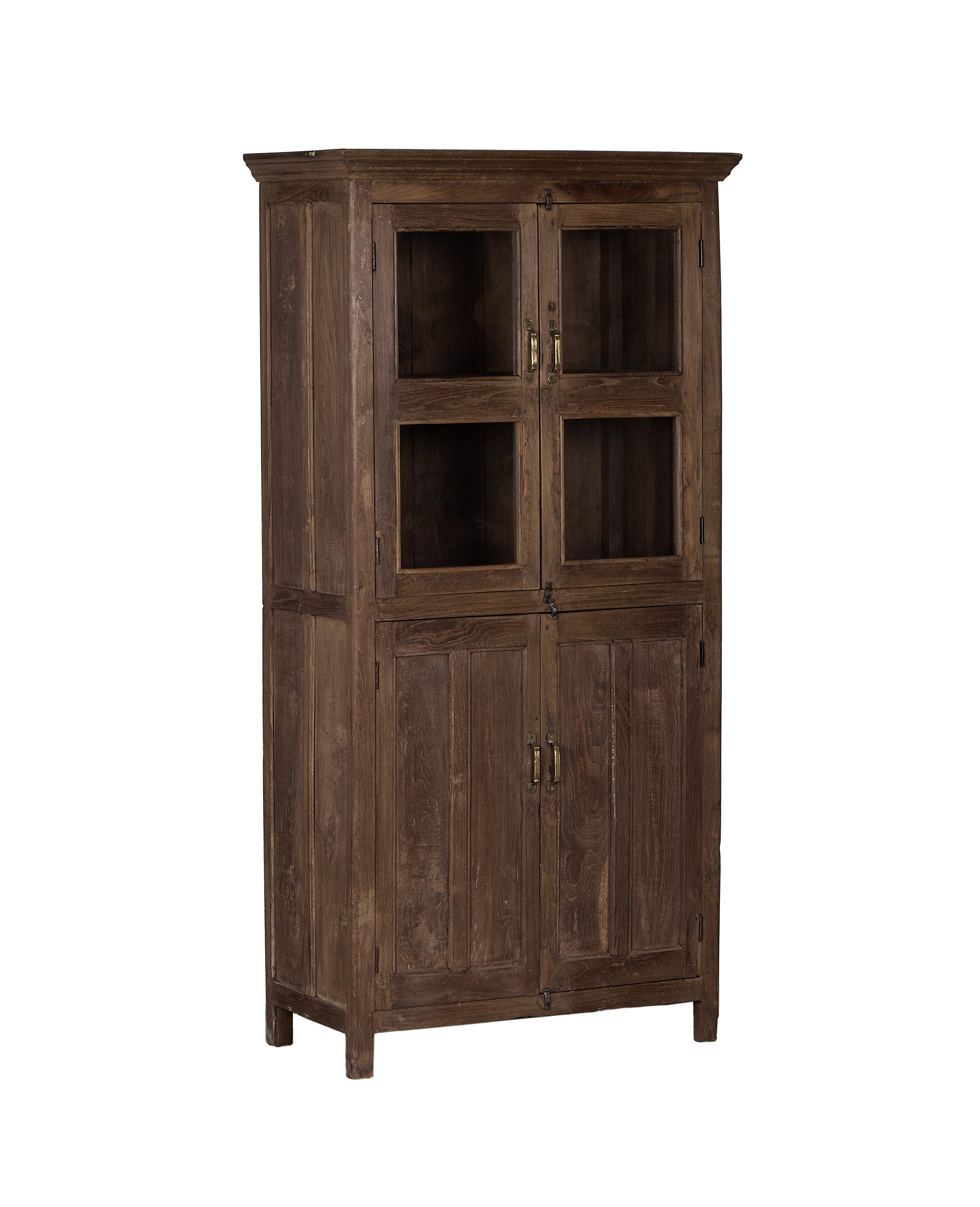 Vintage Indian oak wood cabinet, natural finish, showing intricate grain patterns and glass doors.