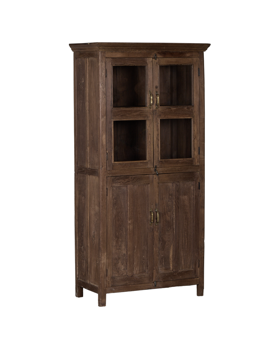 Vintage Indian oak wood cabinet, natural finish, showing intricate grain patterns and glass doors.