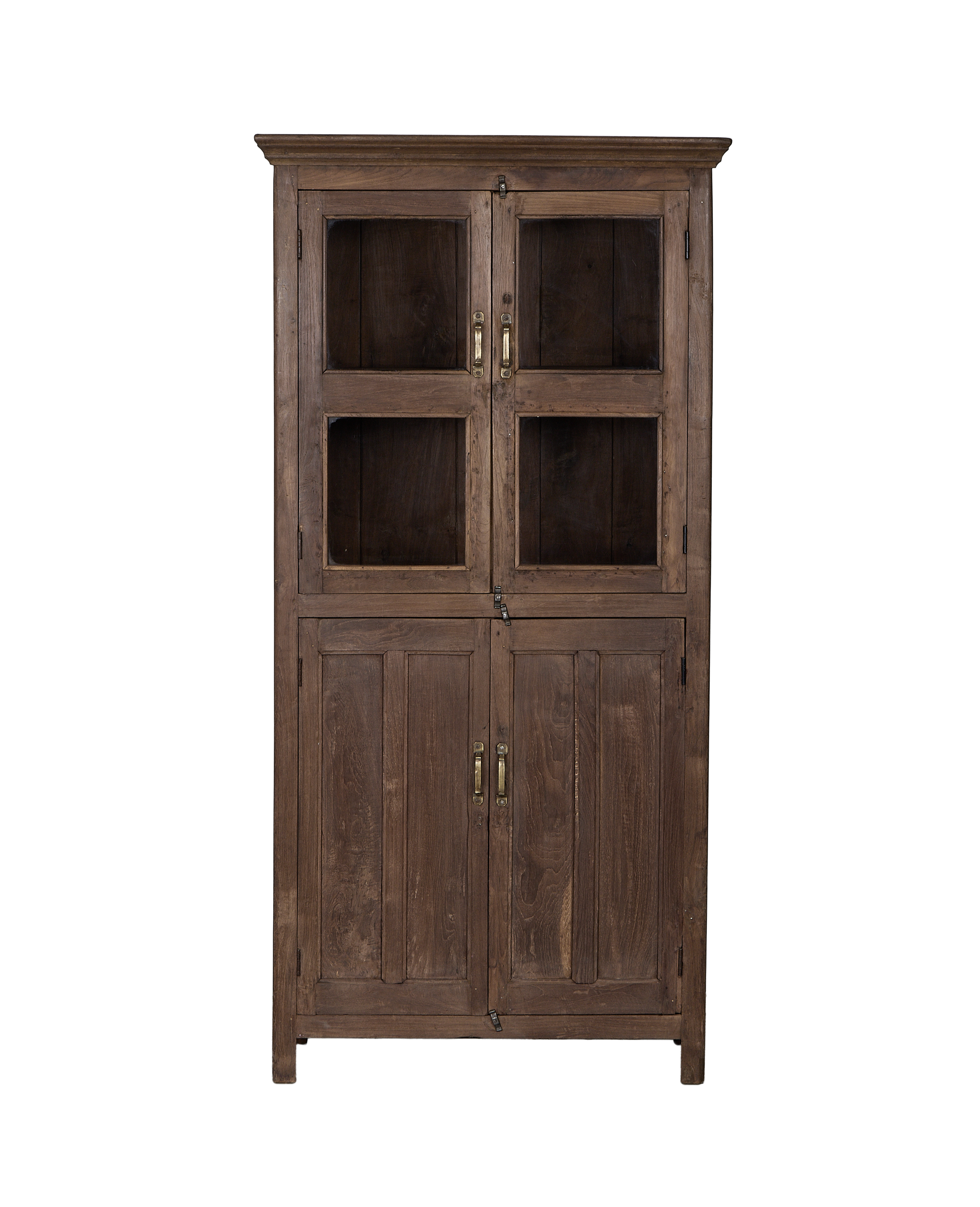 Vintage Indian oak wood cabinet, natural finish, featuring upper glass and lower solid wood doors.