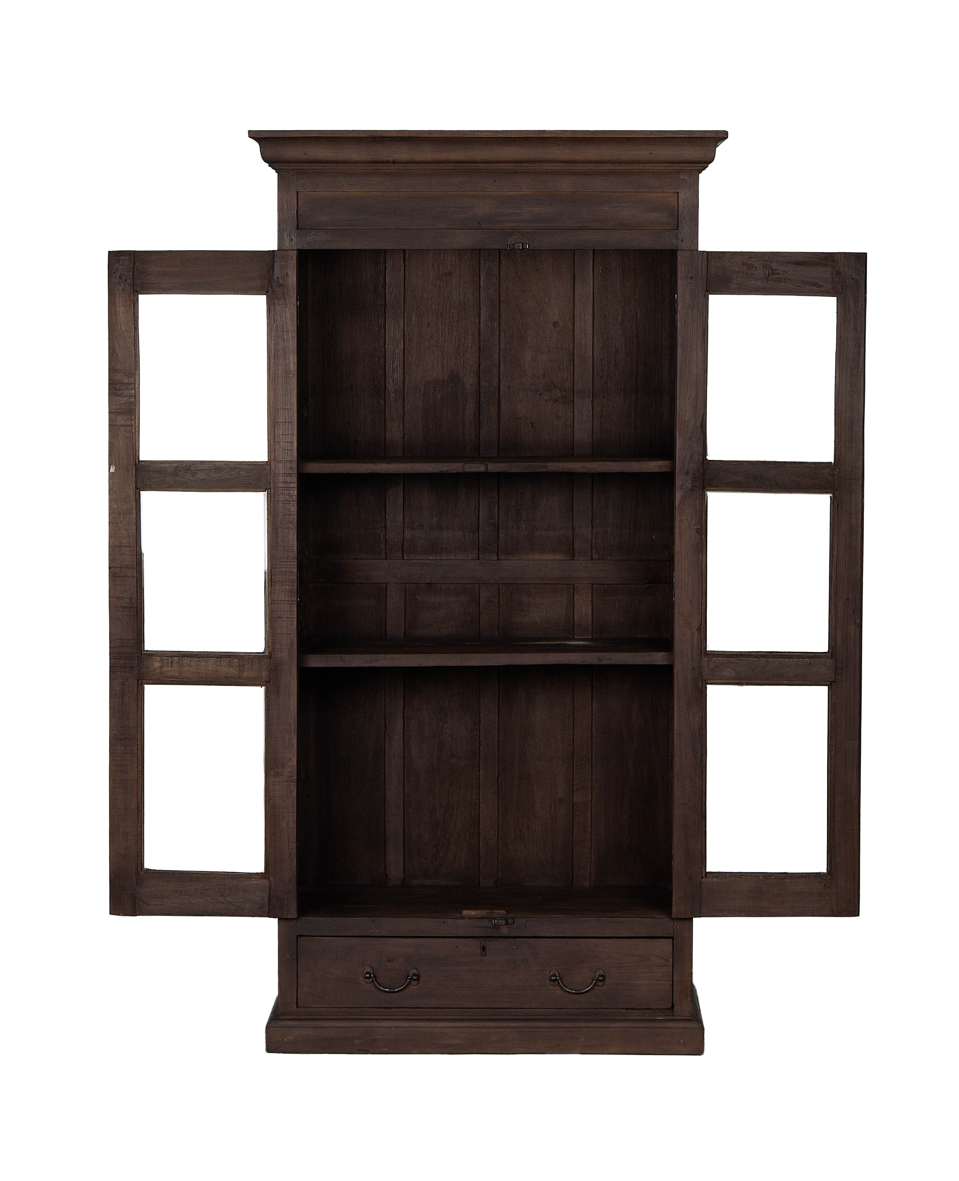 Open vintage natural oak wood cabinet from India, displaying two interior shelves and lower drawers.