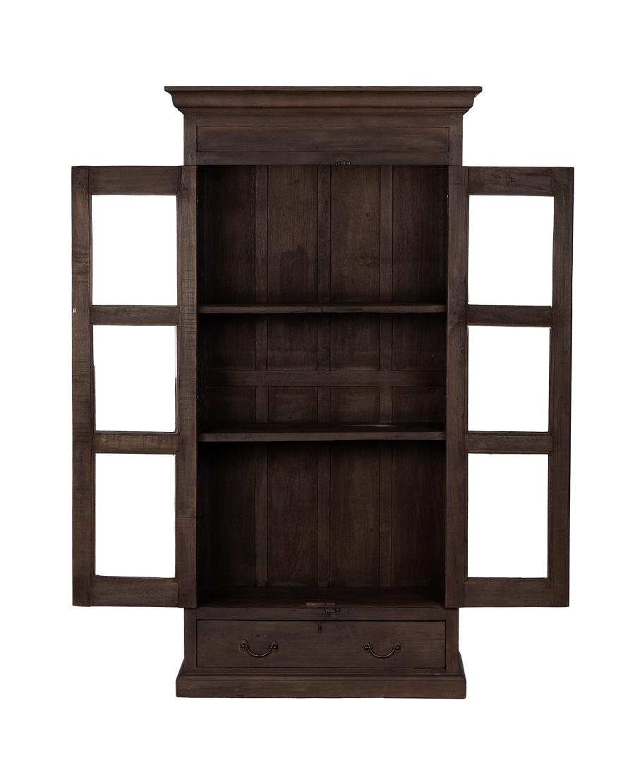 Open vintage natural oak wood cabinet from India, displaying two interior shelves and lower drawers.