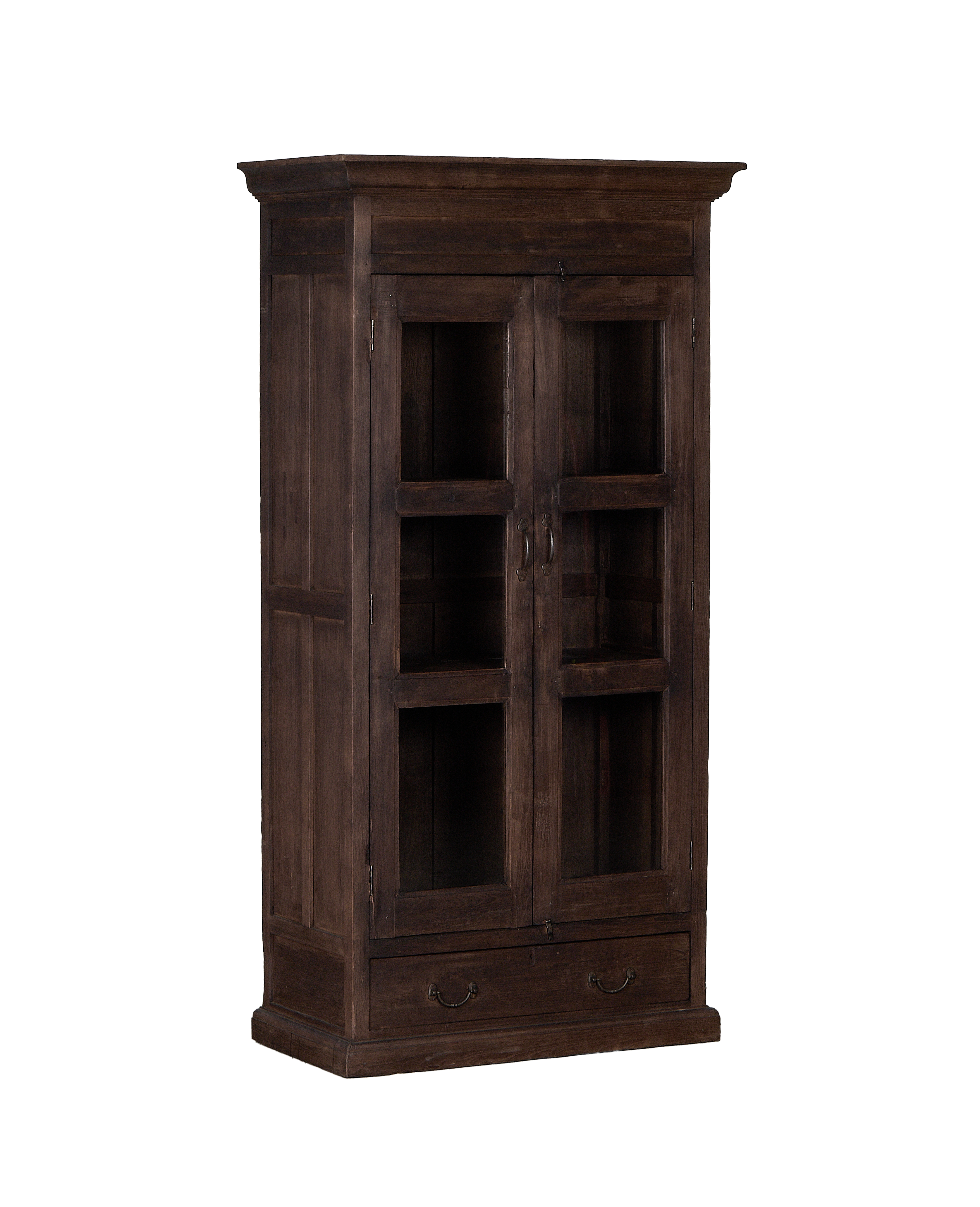 Vintage oak cabinet, India, natural brown finish, with two glass-paned doors and drawer.