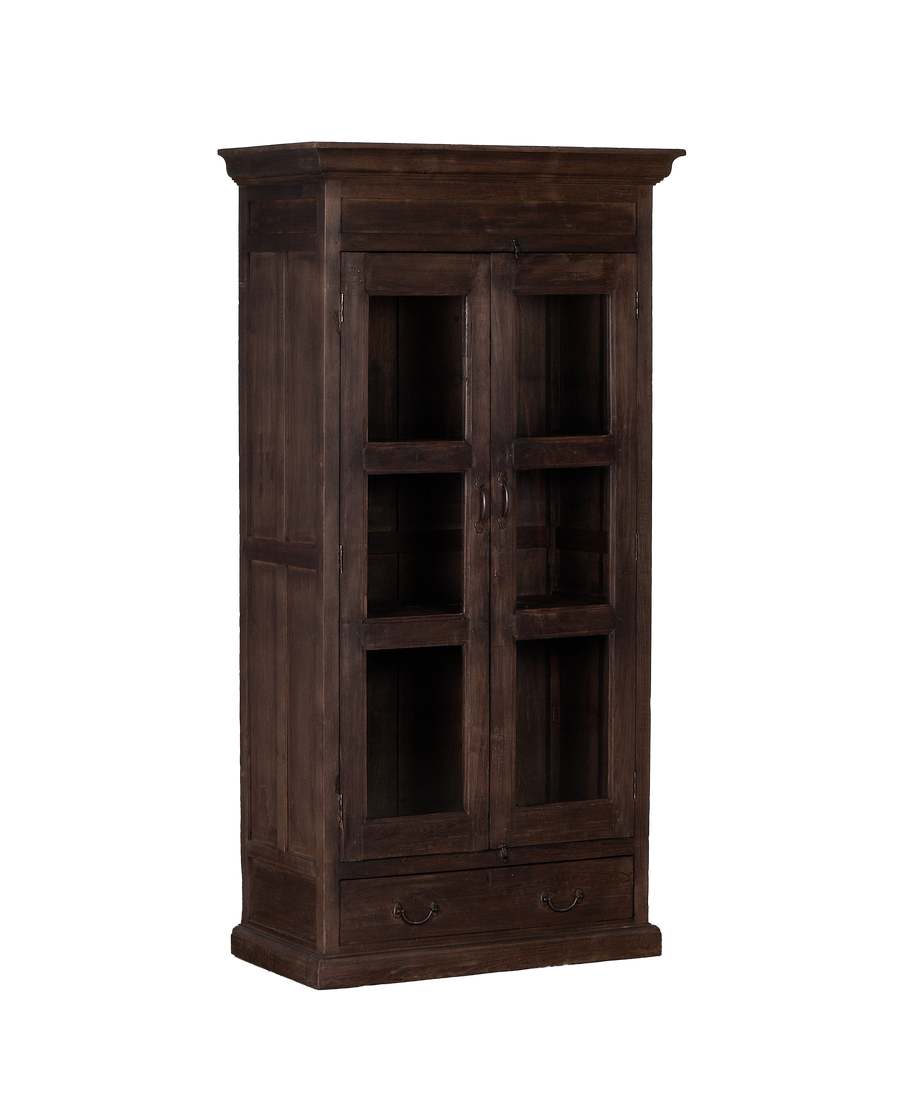 Vintage oak cabinet, India, natural brown finish, with two glass-paned doors and drawer.