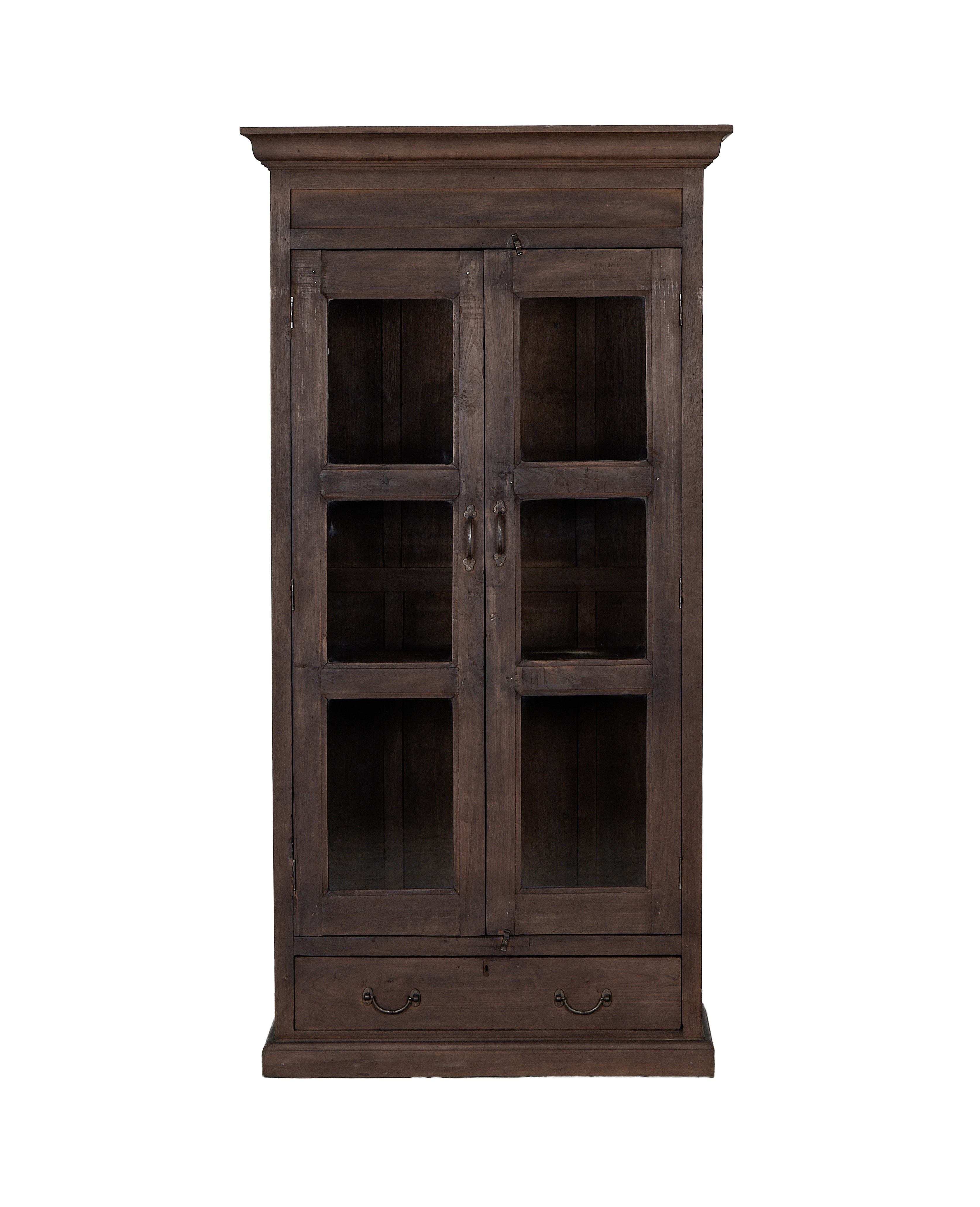 Vintage Indian oak cabinet, dark natural wood, two glass-paneled doors, and single bottom drawer.