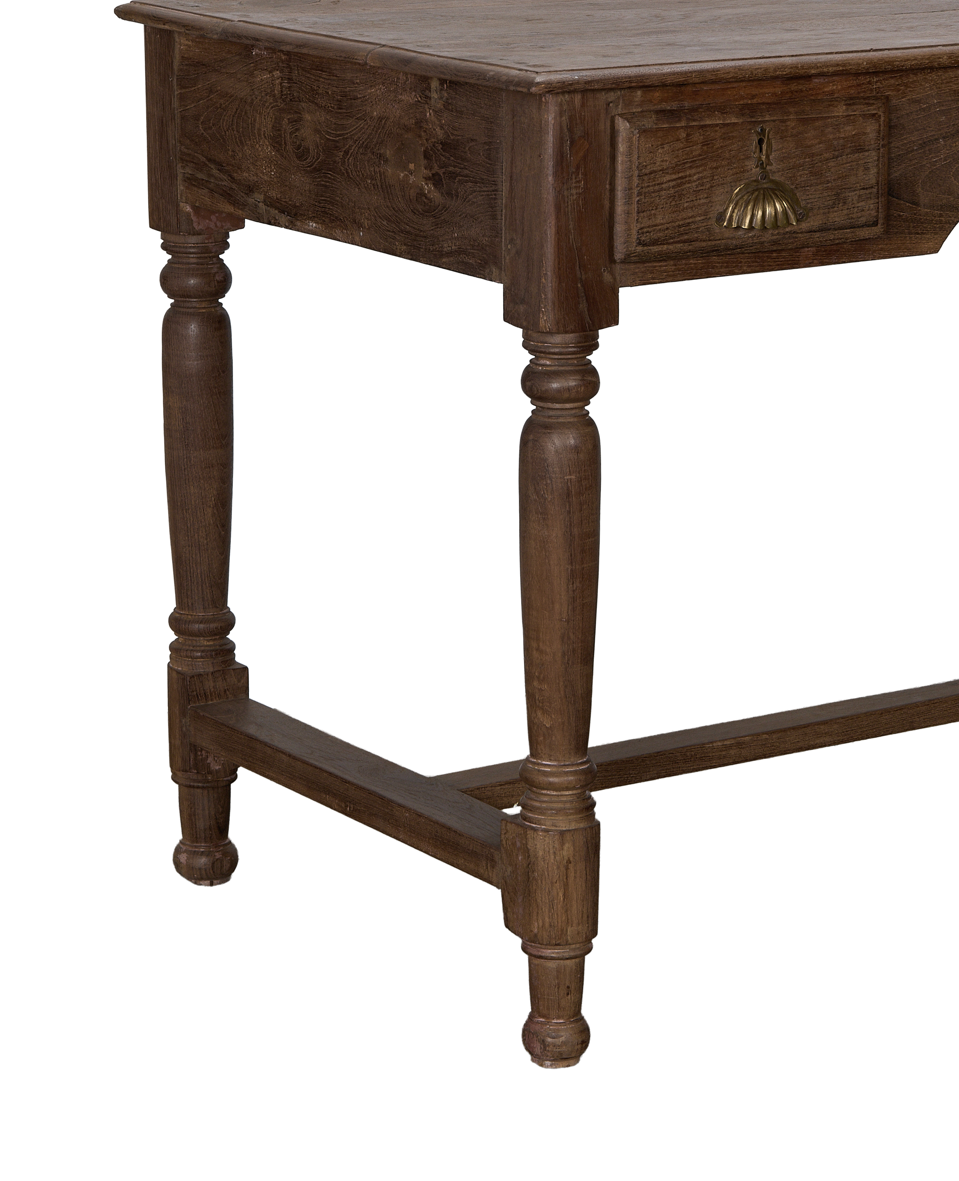 Vintage oak wood desk with turned legs, single drawer, and antique brass pull.