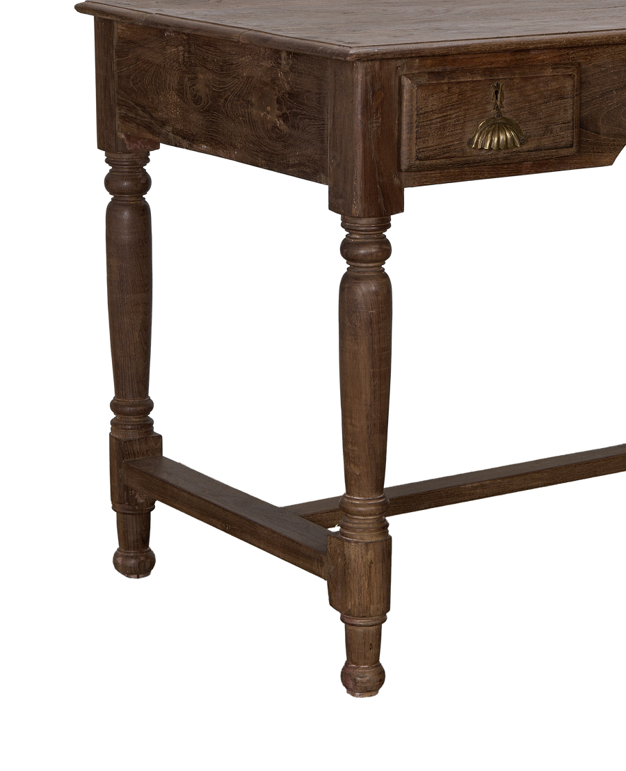 Vintage oak wood desk with turned legs, single drawer, and antique brass pull.