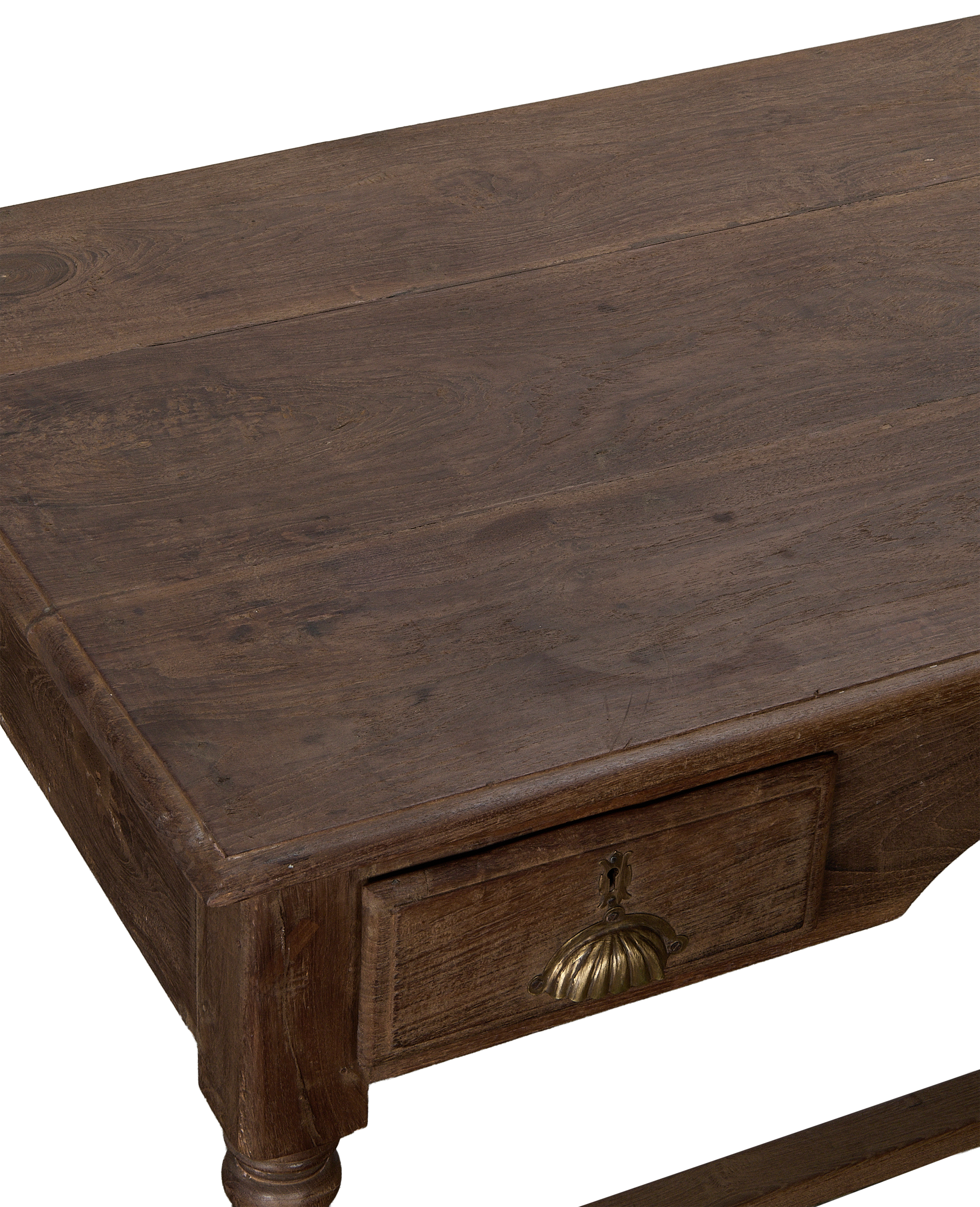 Vintage natural oak desk, India, showing surface grain, hardware detail, and drawer.