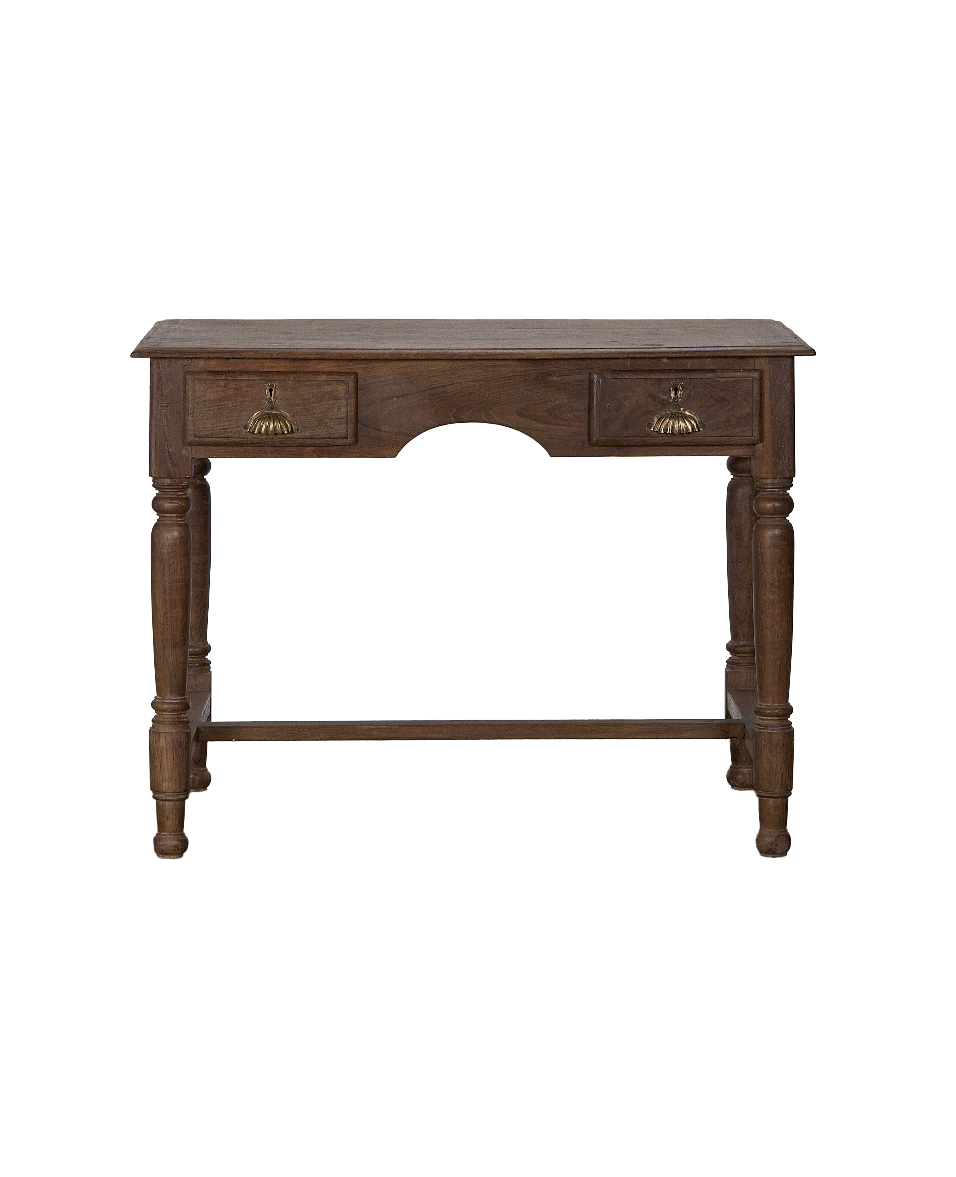 Vintage oak desk from India, featuring two drawers with brass pulls, and carved turned legs.