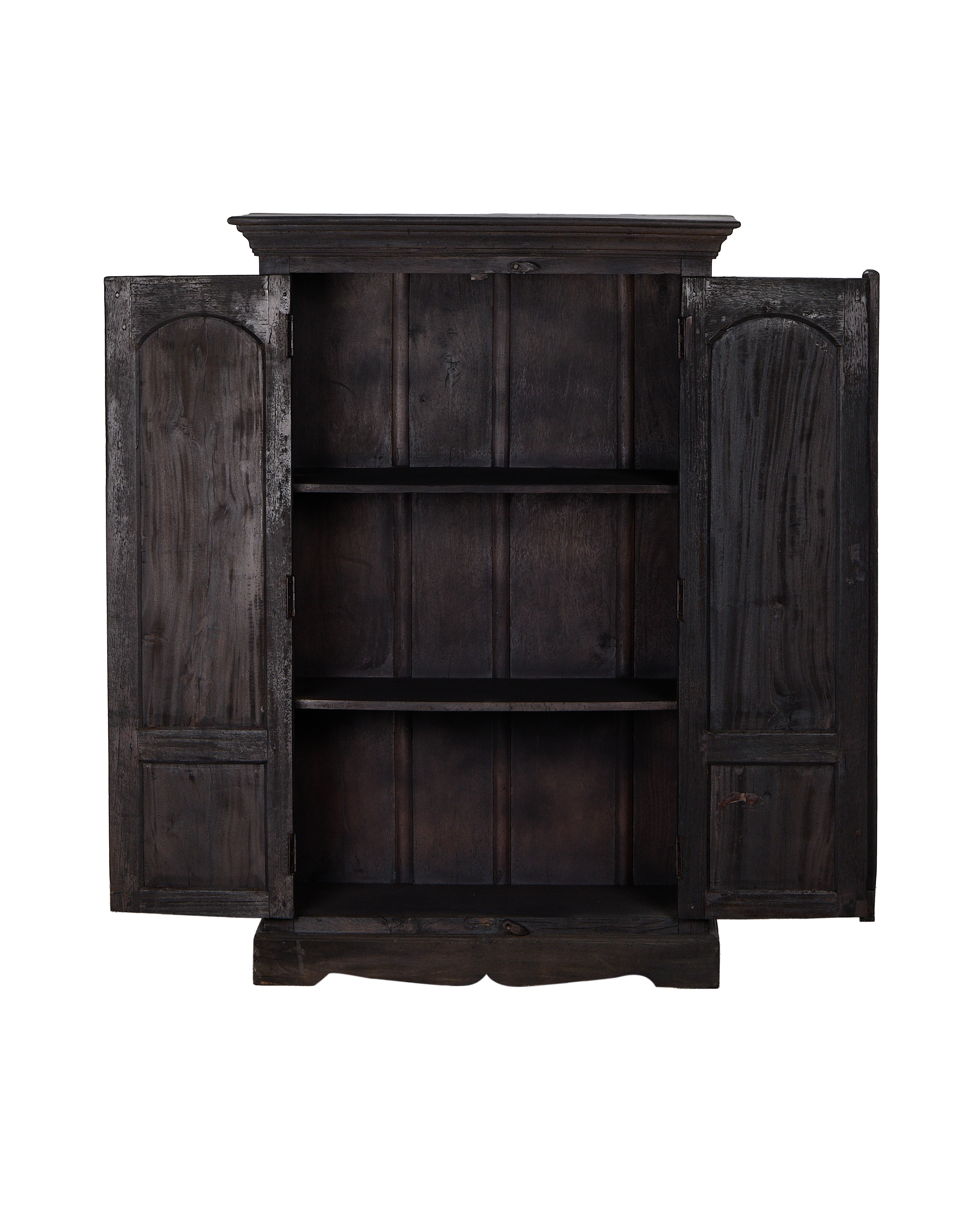 Vintage Indian oak wood cabinet, dark stained, open doors revealing interior shelves.