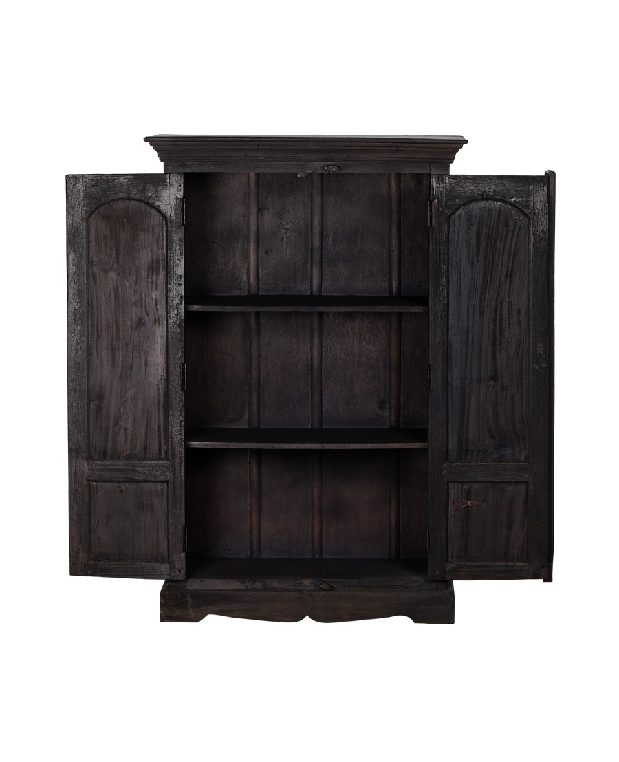 Vintage Indian oak wood cabinet, dark stained, open doors revealing interior shelves.