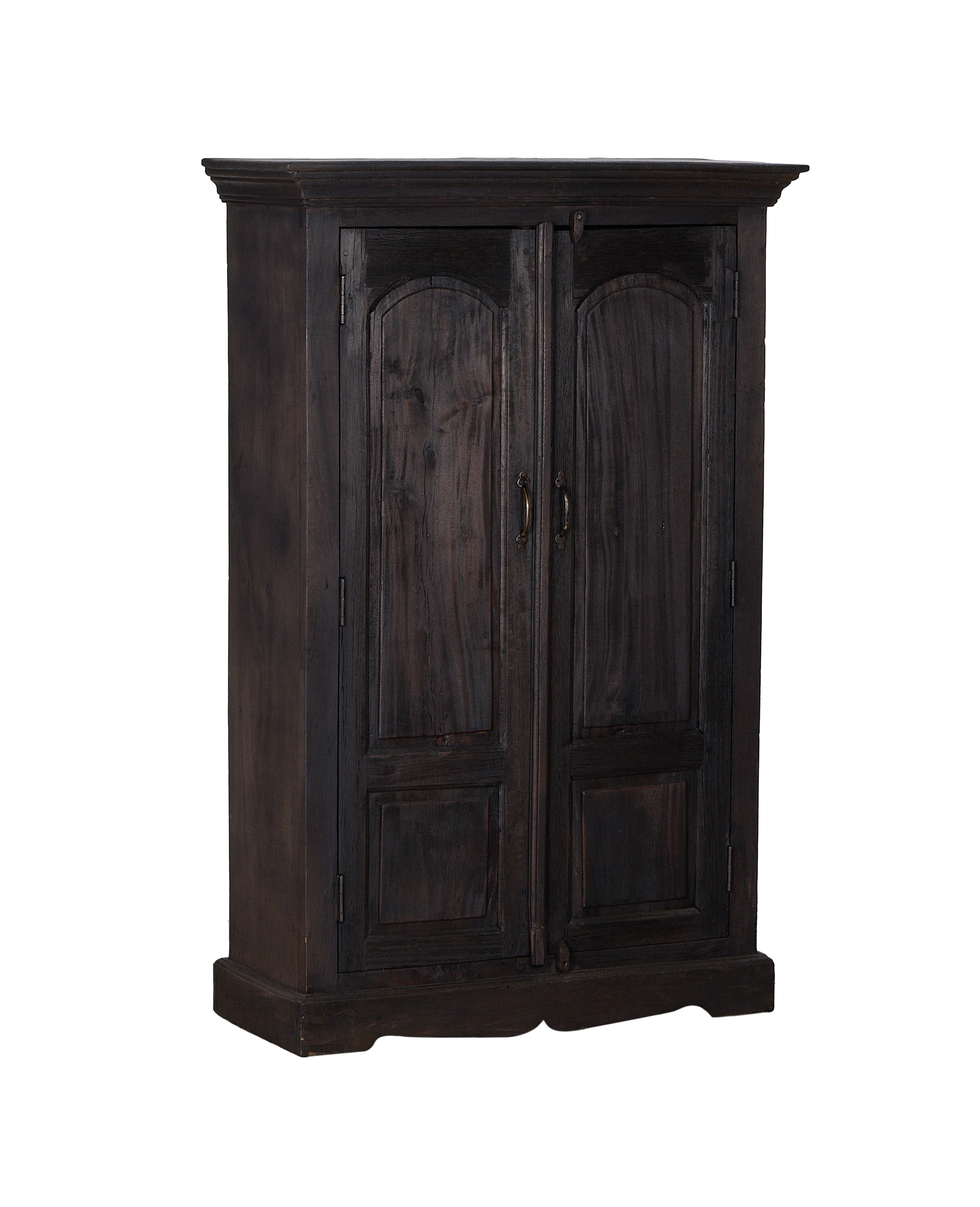 Vintage dark stained Indian oak cabinet, full front angled view.