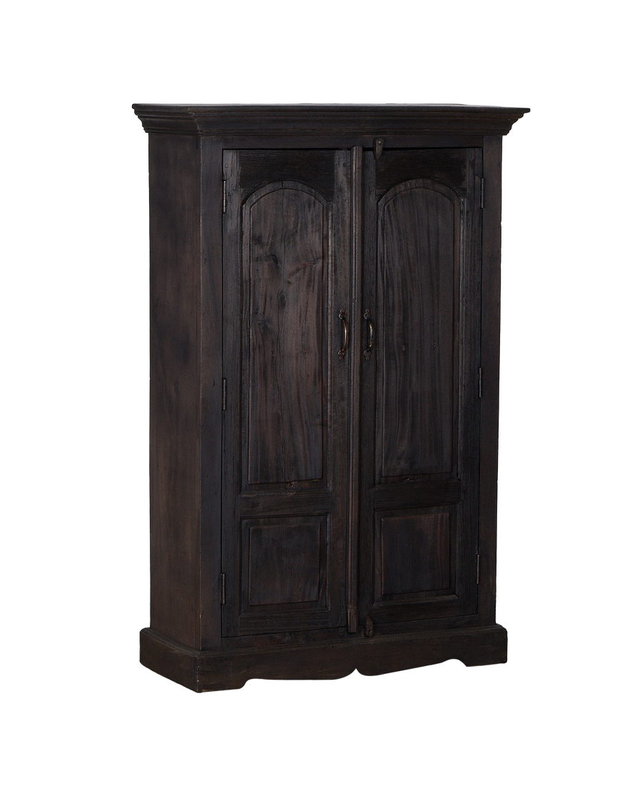 Vintage dark stained Indian oak cabinet, full front angled view.