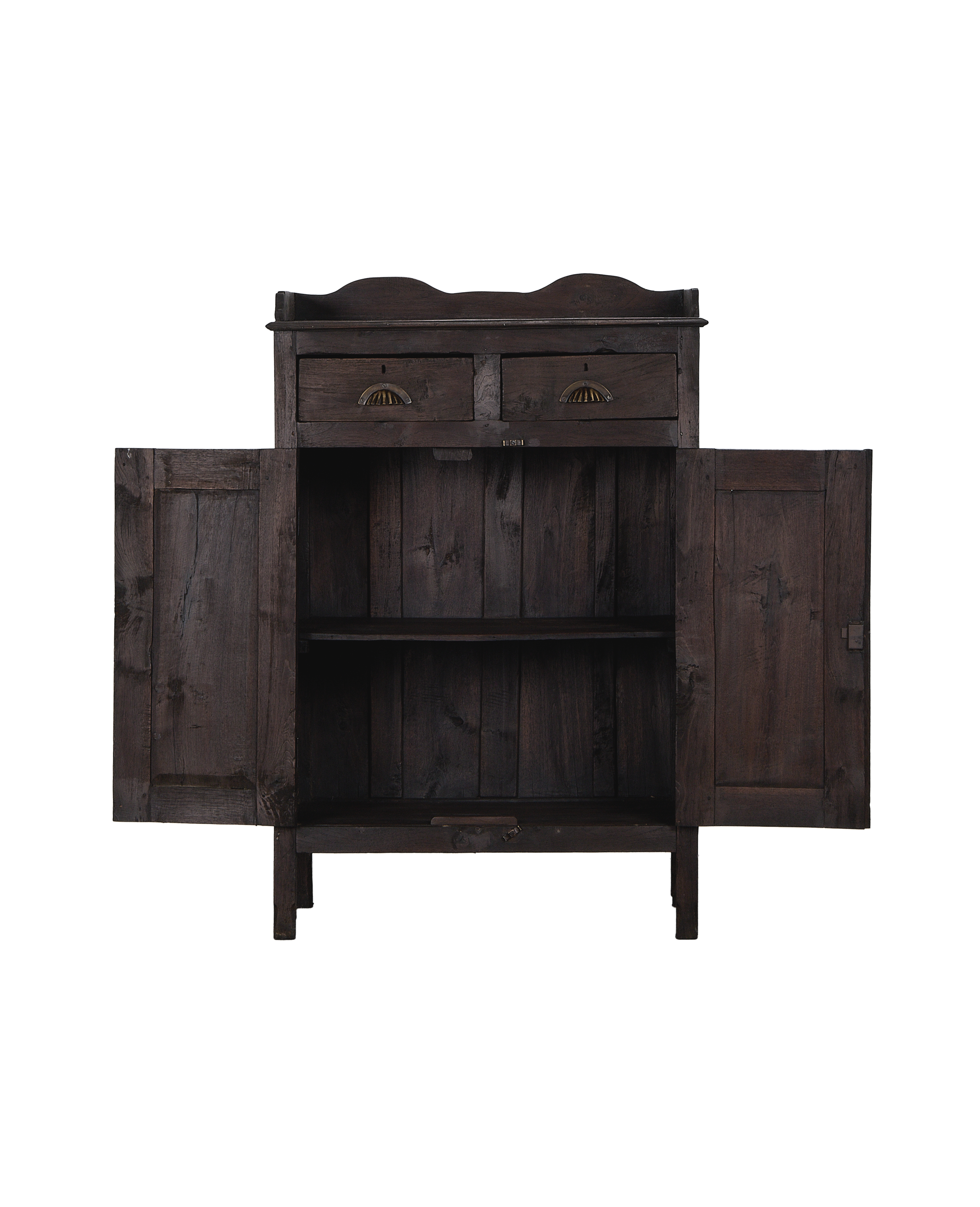 Vintage Indian oak cabinet, dark stained, with both lower doors open revealing interior shelves.