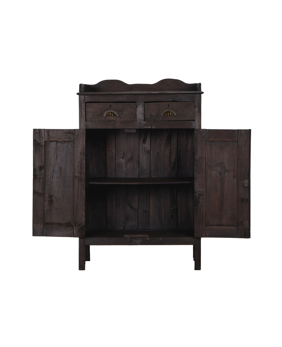 Vintage Indian oak cabinet, dark stained, with both lower doors open revealing interior shelves.