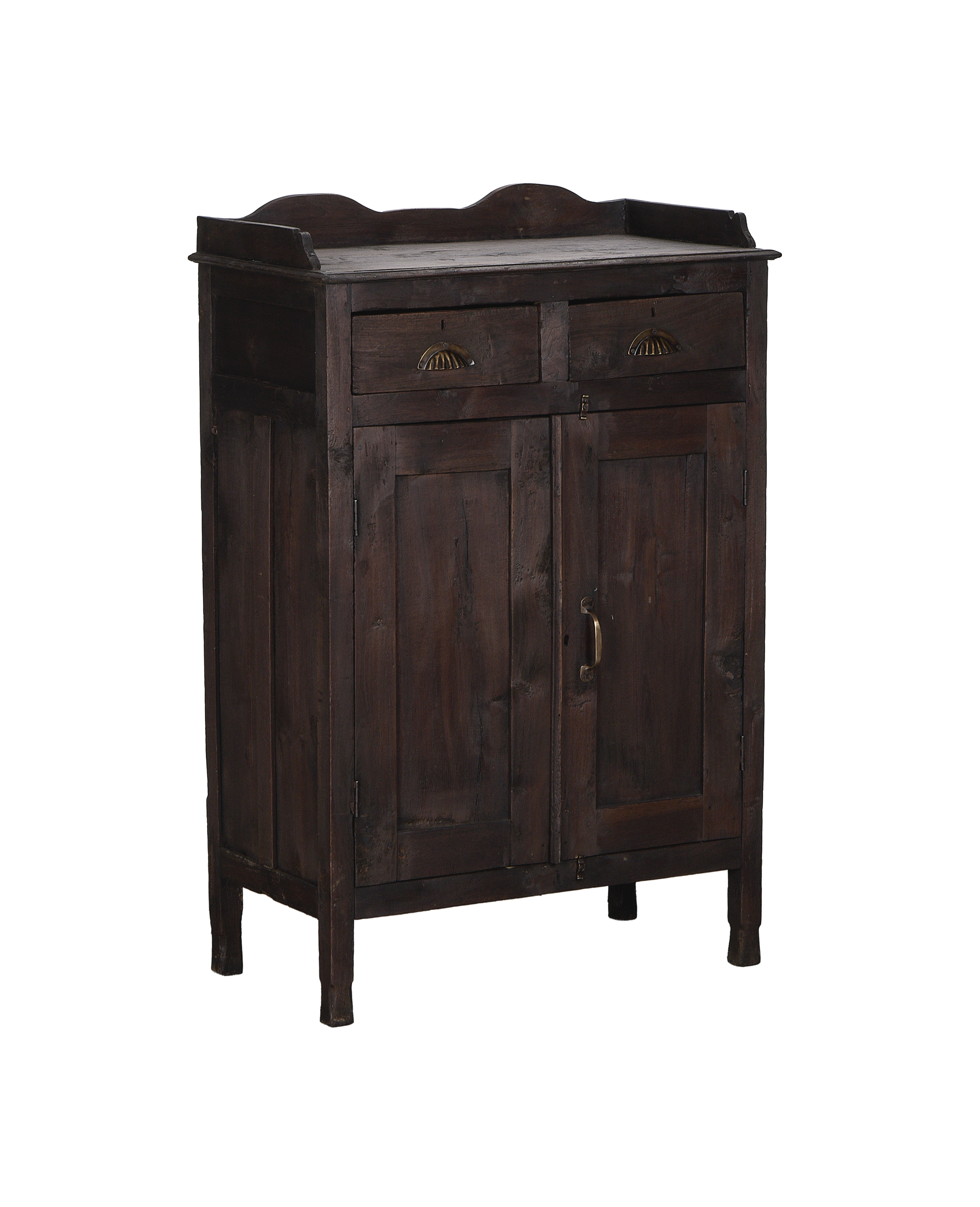 Vintage stained oak cabinet from India, front-facing view with two drawers and doors closed.