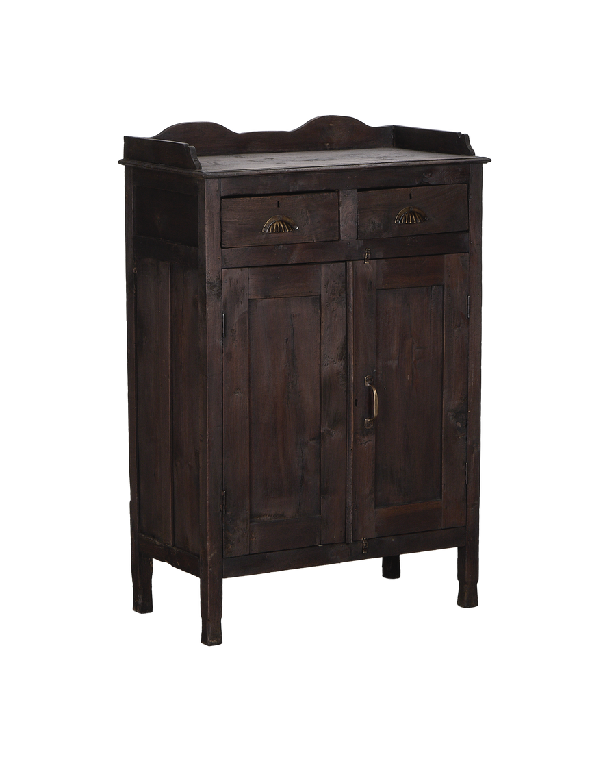 Vintage stained oak cabinet from India, front-facing view with two drawers and doors closed.