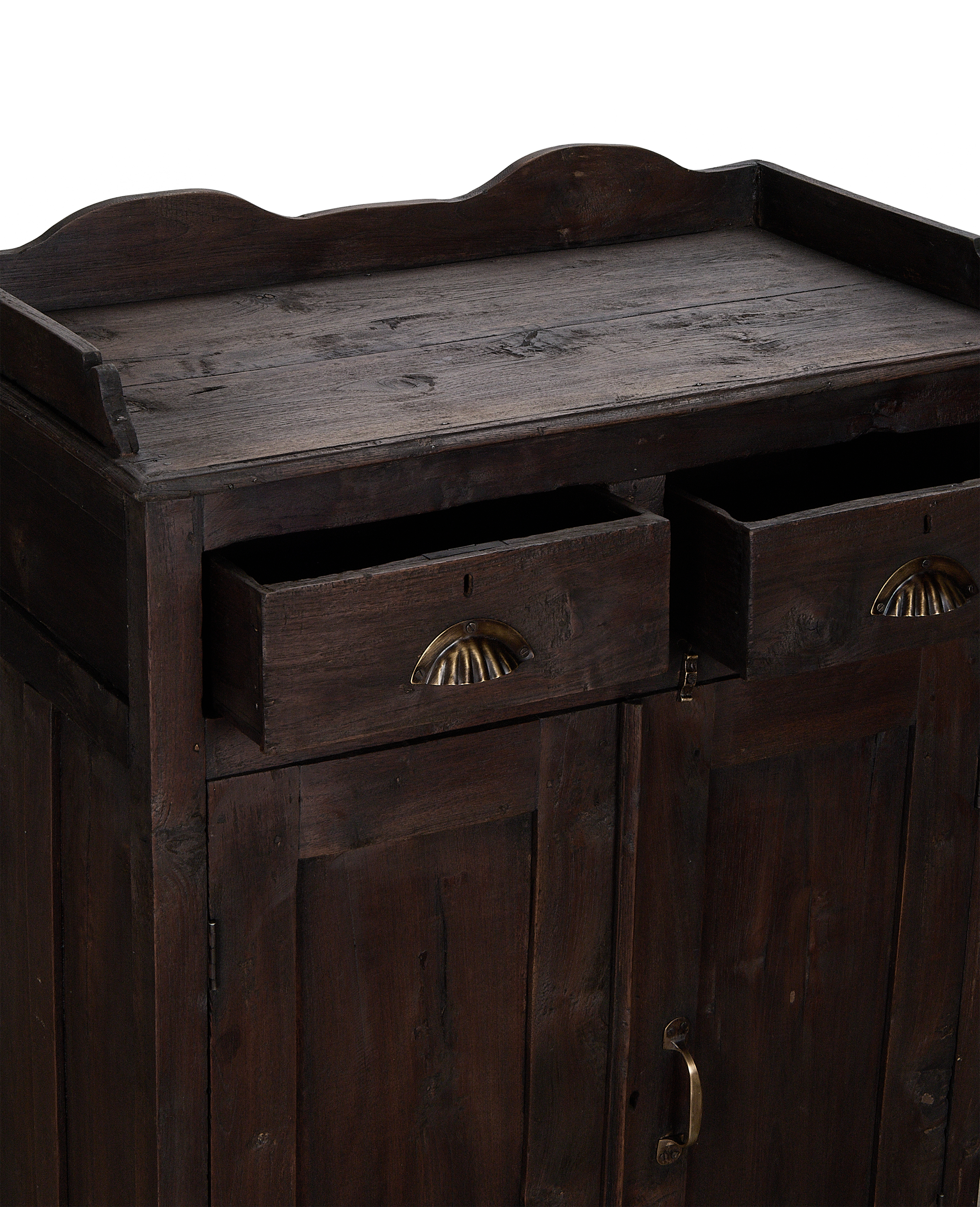 Vintage Indian oak wood cabinet, two open drawers exposing brass pulls, rich dark stain.