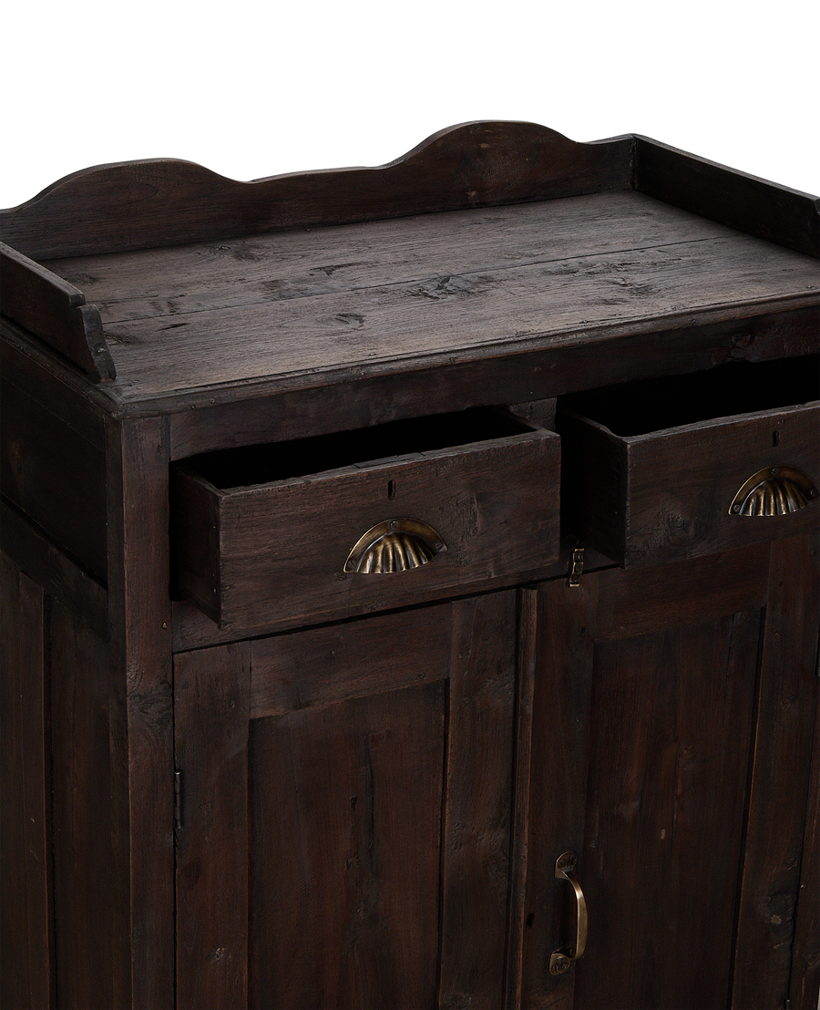 Vintage Indian oak wood cabinet, two open drawers exposing brass pulls, rich dark stain.