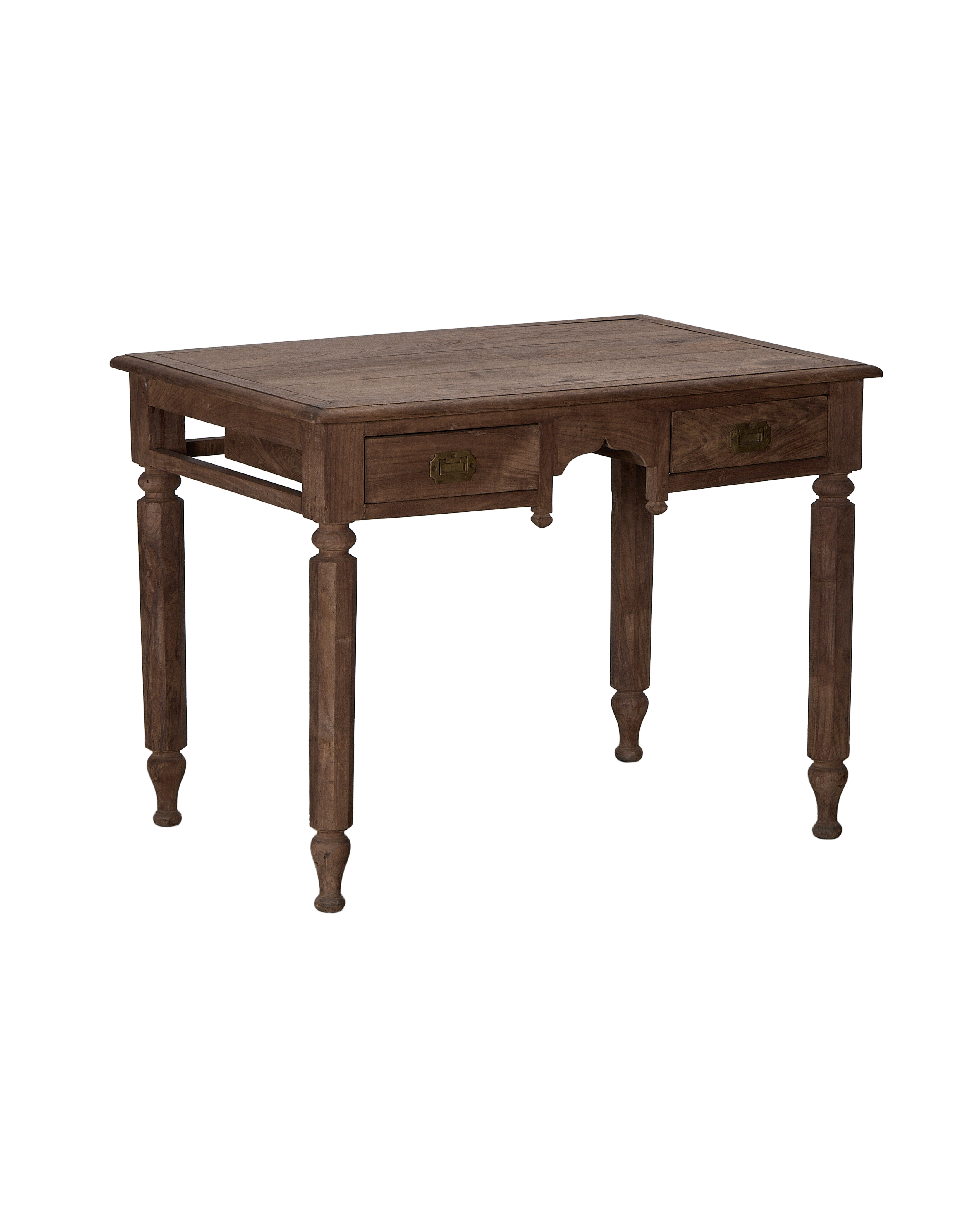 Vintage Indian oak wood desk, angled view, showing two drawers with brass pulls.