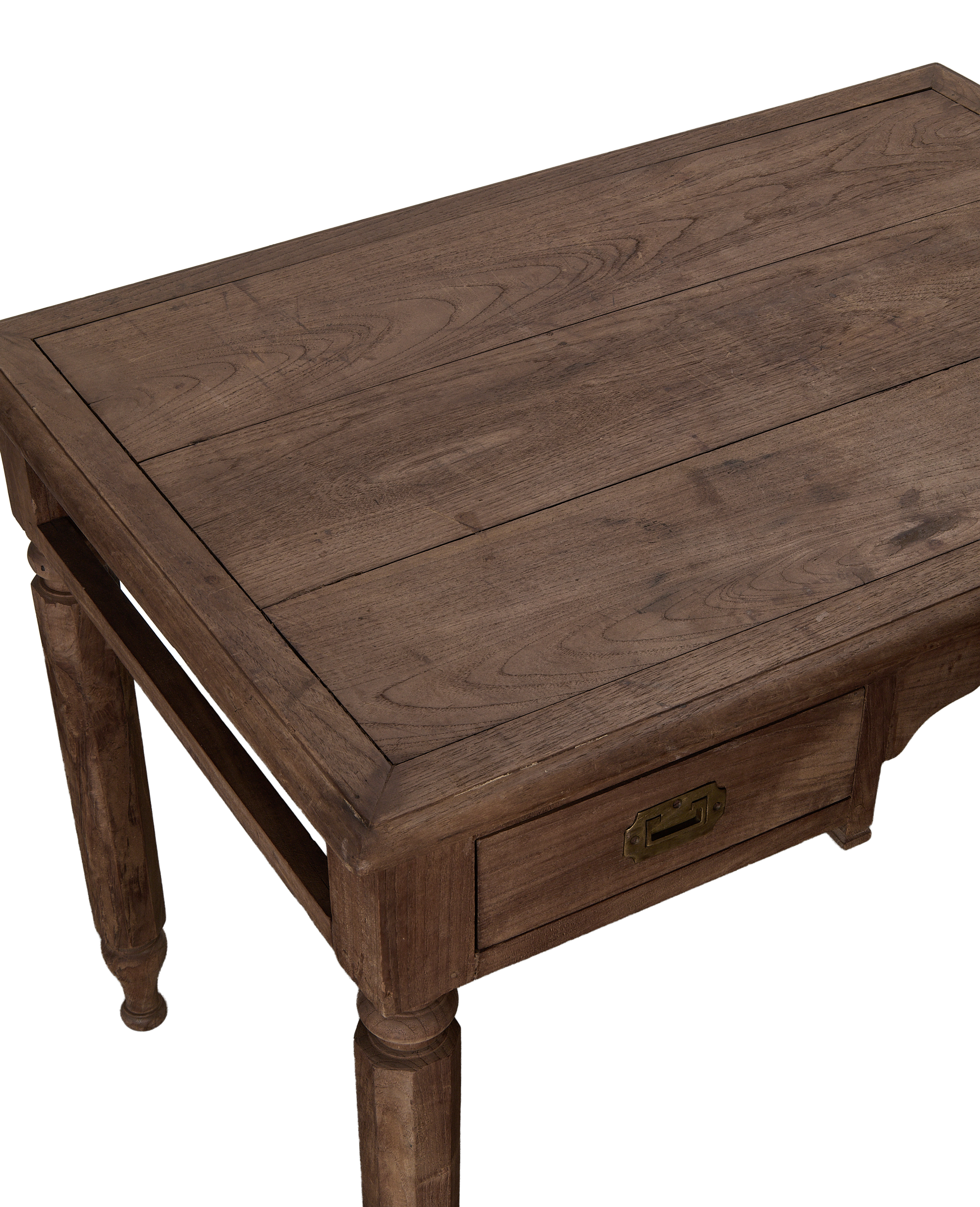 Vintage Indian natural oak wood desk, detailed top-down view highlighting grain and brass drawer pull.