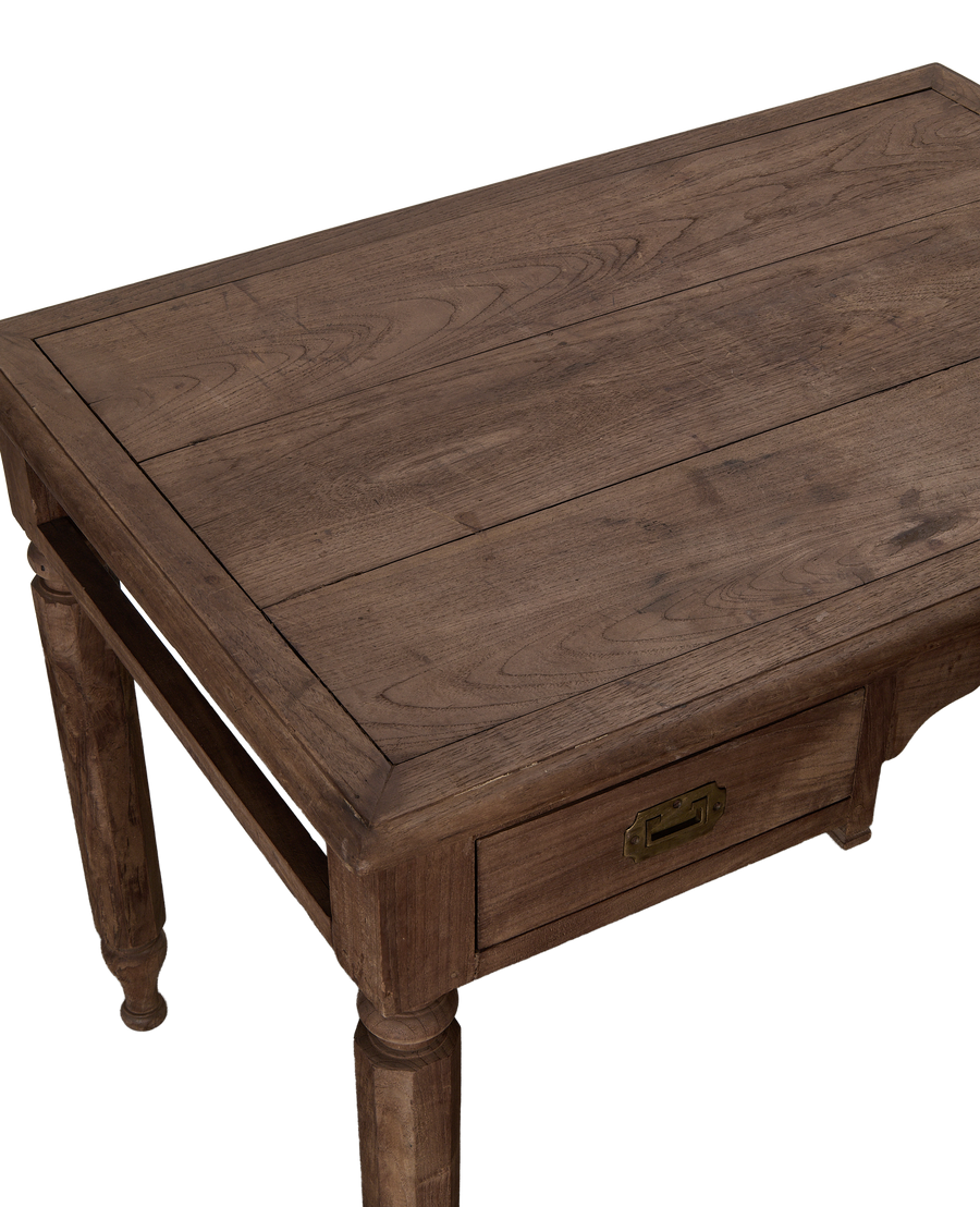 Vintage Indian natural oak wood desk, detailed top-down view highlighting grain and brass drawer pull.