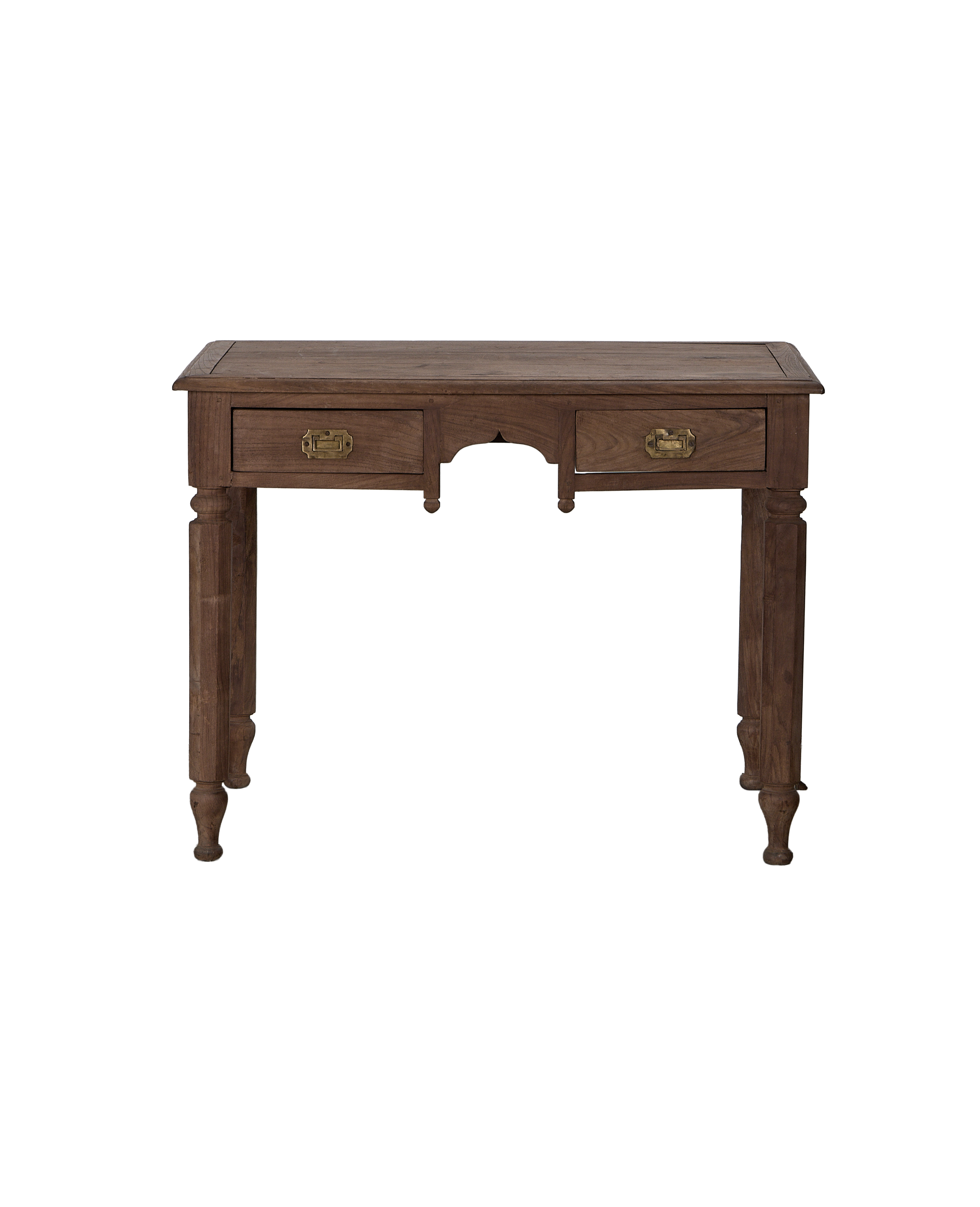 Vintage natural oak desk from India, featuring two drawers with brass pulls.