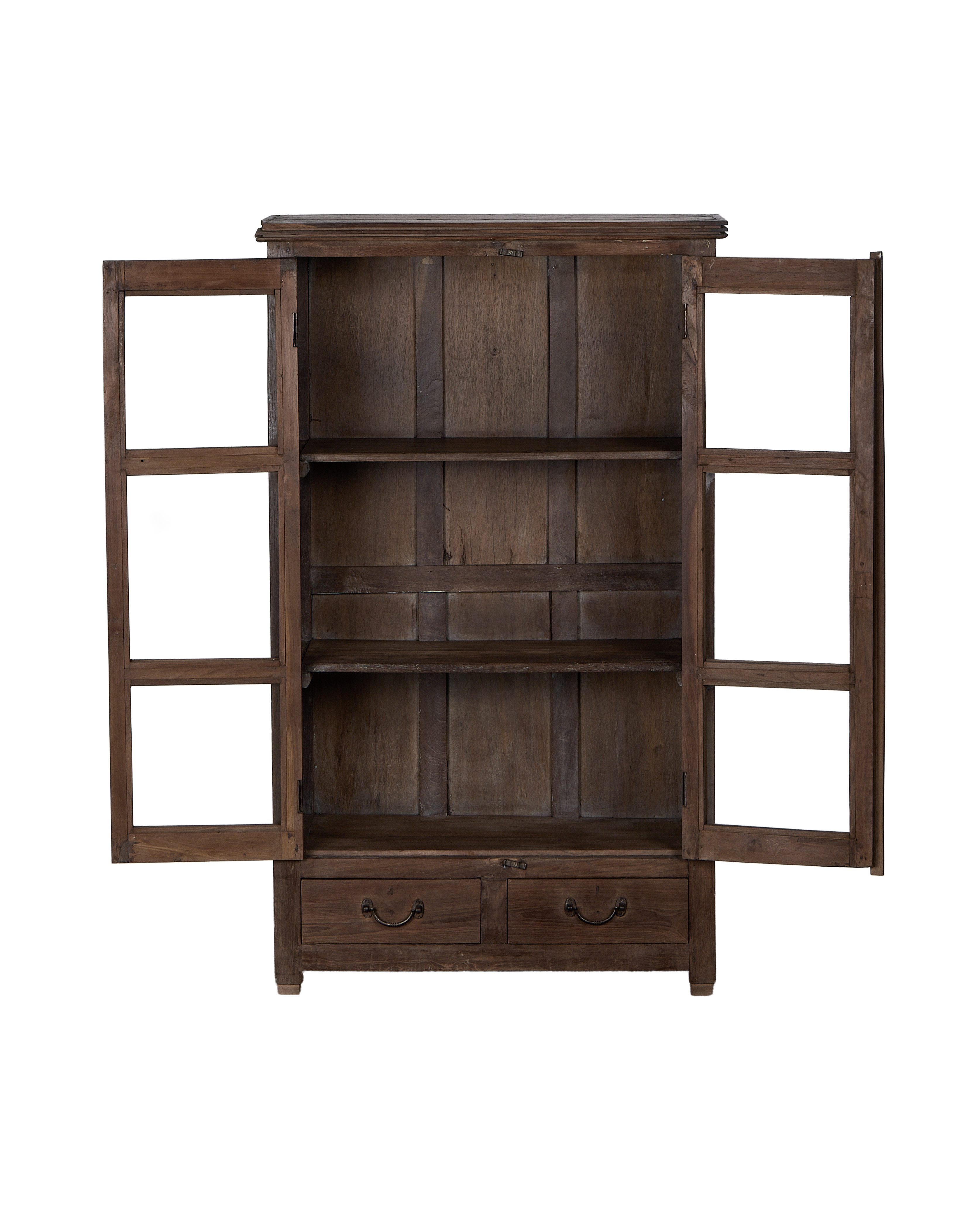 Vintage Indian oak display cabinet with open glass doors, revealing interior shelves and drawers.