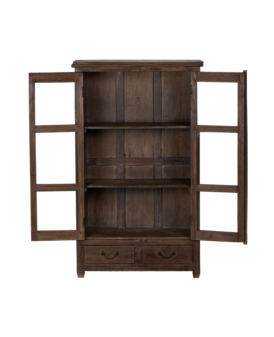 Vintage Indian oak display cabinet with open glass doors, revealing interior shelves and drawers.