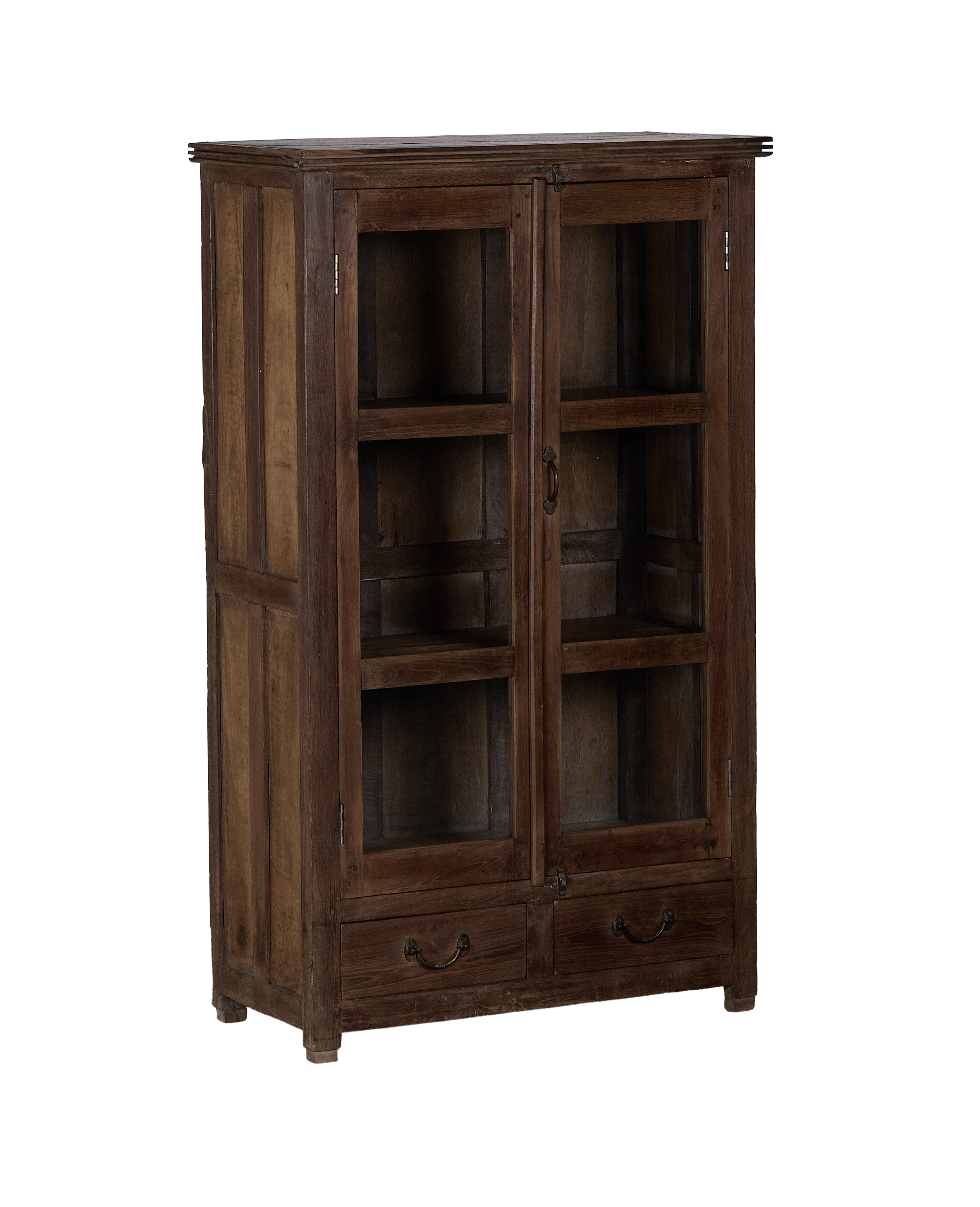 Vintage Indian oak cabinet, full shot, with two glass doors and lower drawers.